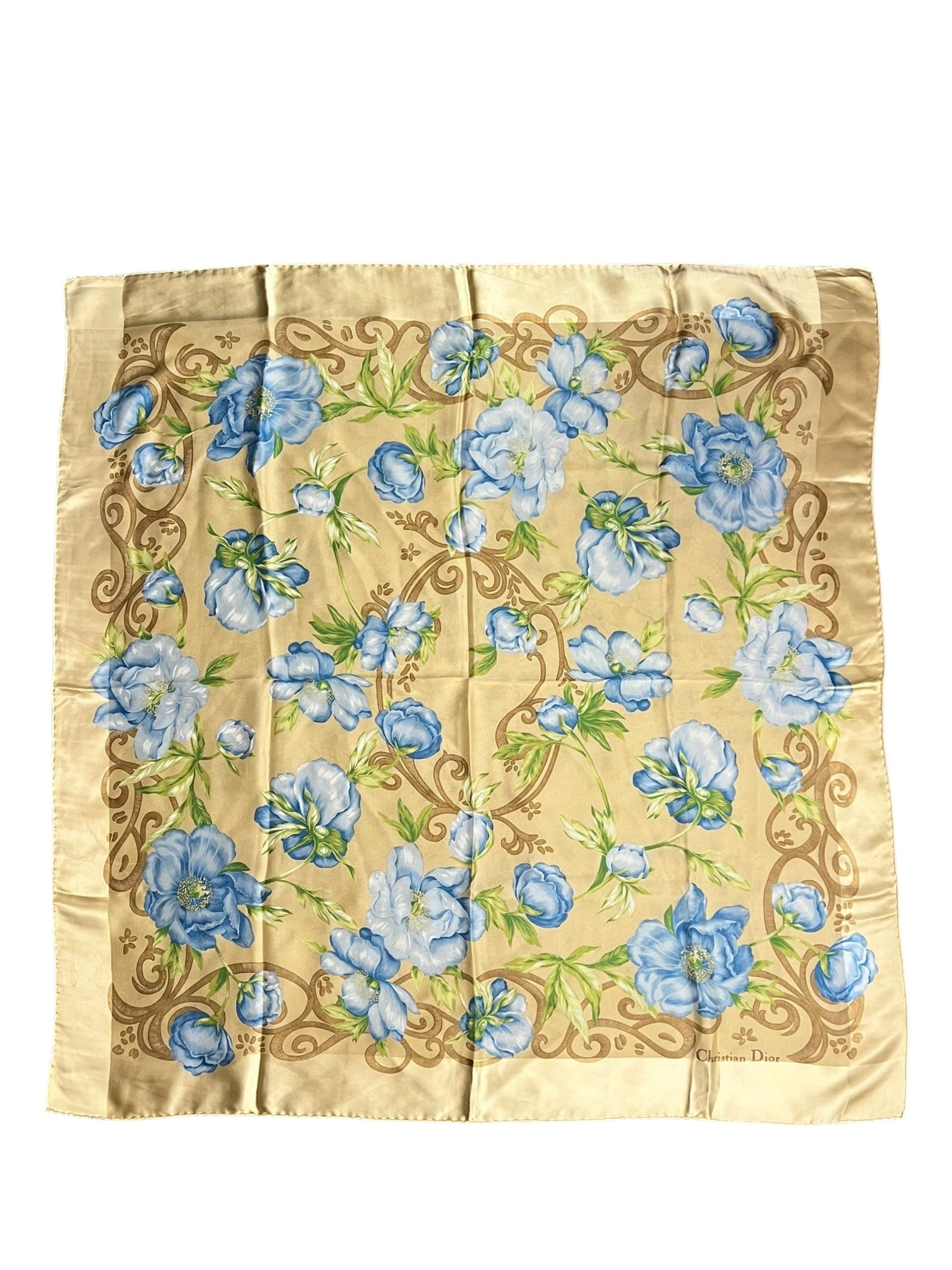 Christian Dior Beige/Blue Floral Silk Scarf