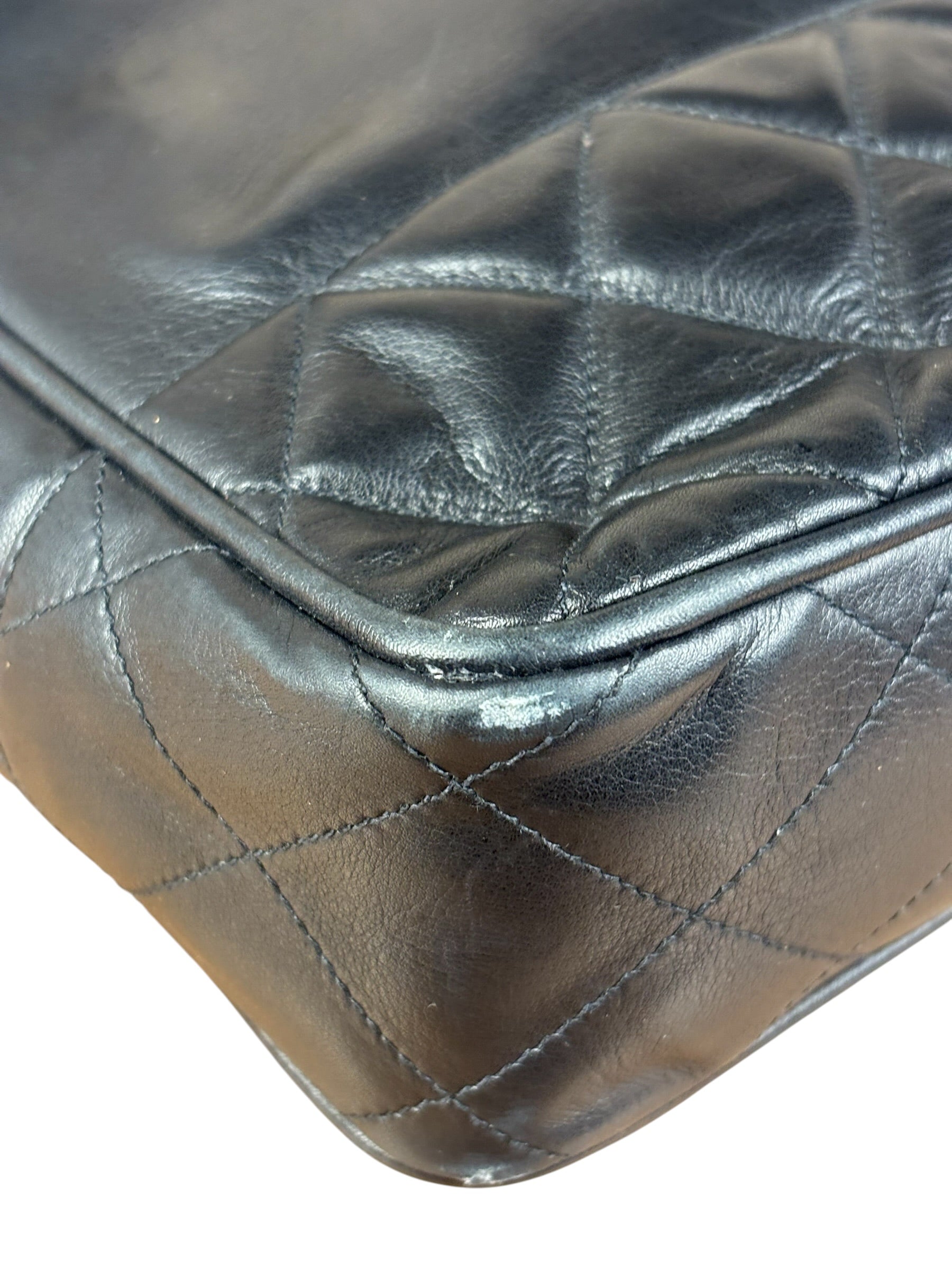 Chanel Vintage Black Leather Quilted Bottom Chain Tote Bag 1987