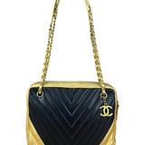 Chanel V Stitch Chevron Leather Black/Gold Chain Shoulder Bag 2014
