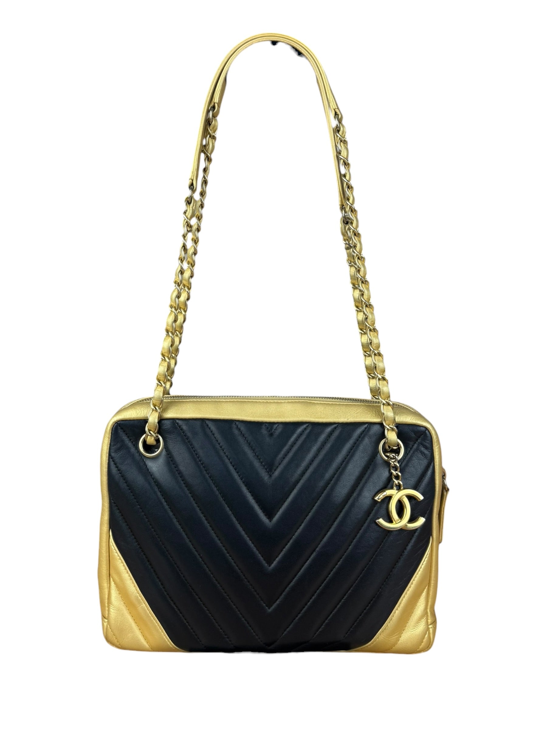Chanel V Stitch Chevron Leather Black/Gold Chain Shoulder Bag 2014