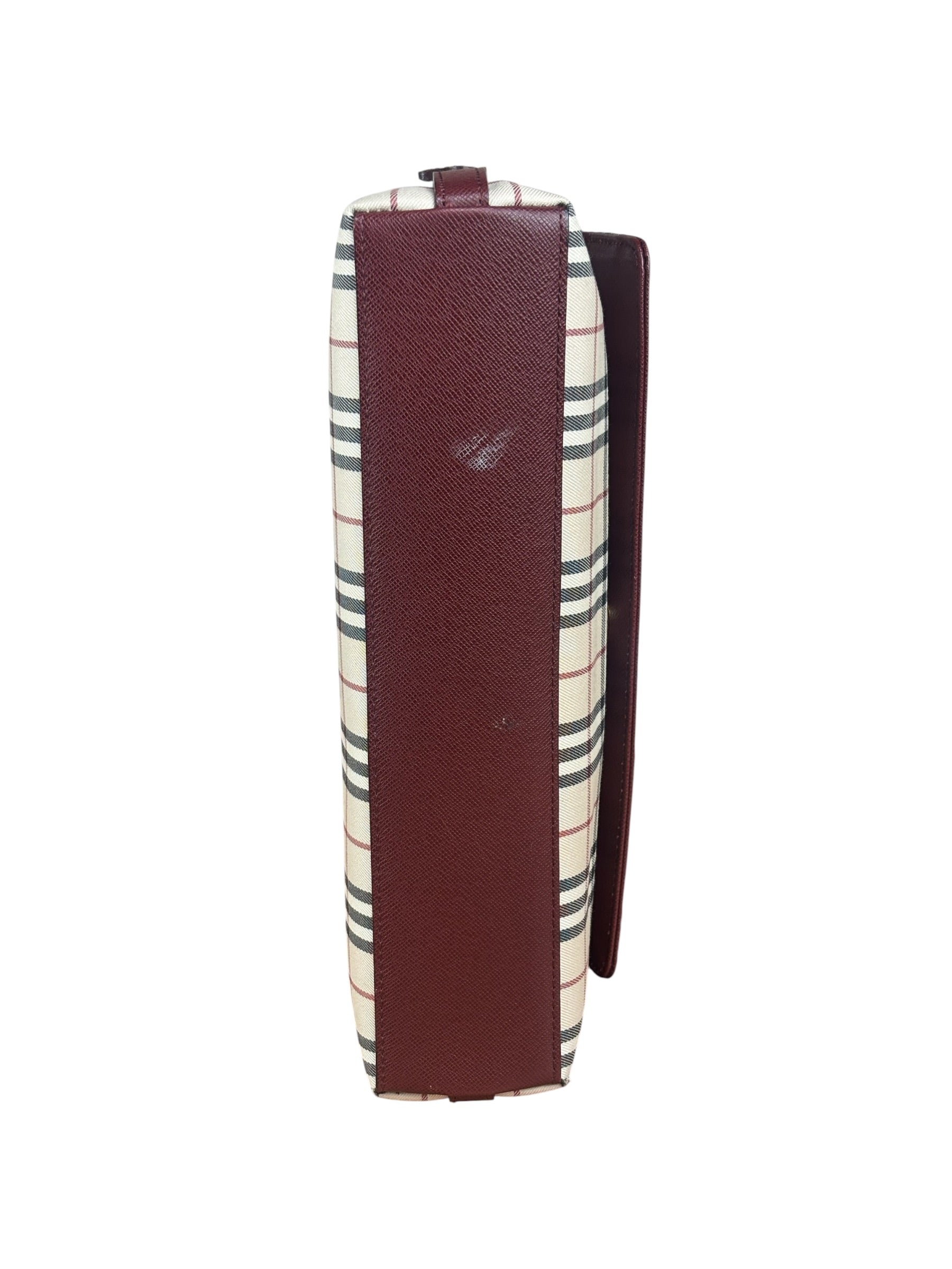 Burberry Burgundy Leather Trim House Check Shoulder Bag