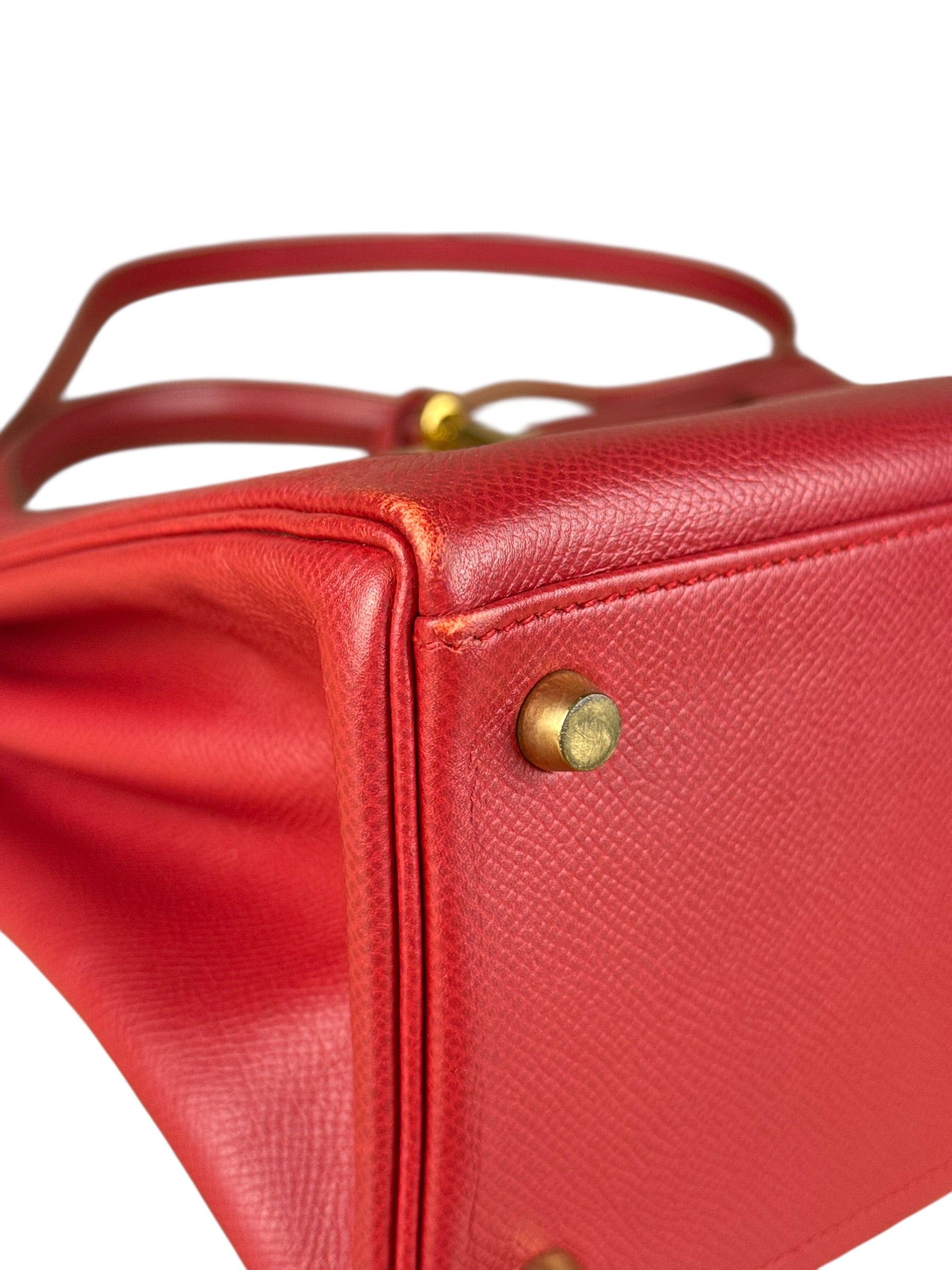 Hermes Kelly 32 Courchevel Rouge Vif Gold Handbag 1997