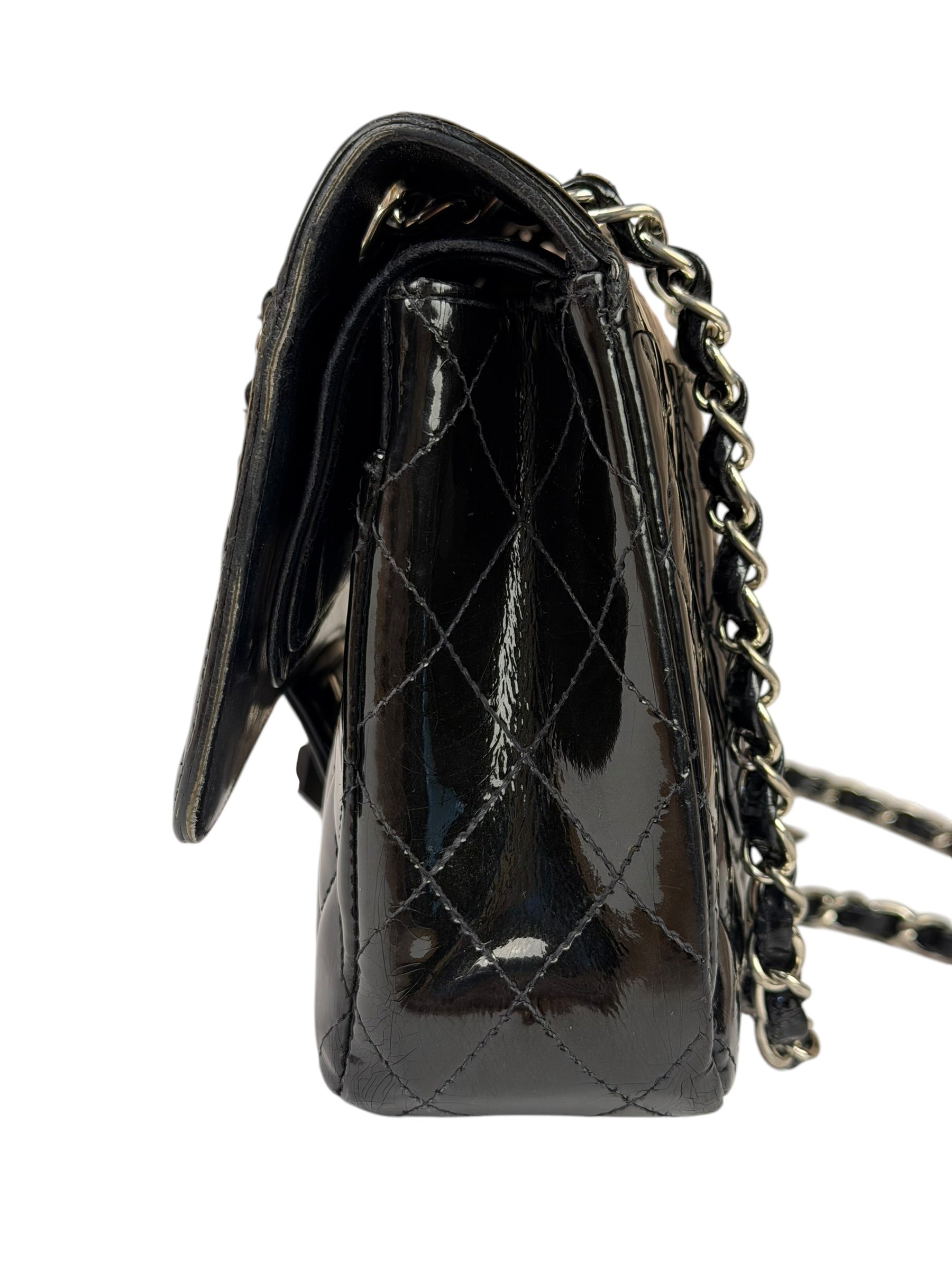 Chanel Black Patent Quilted Leather Double Flap Bag