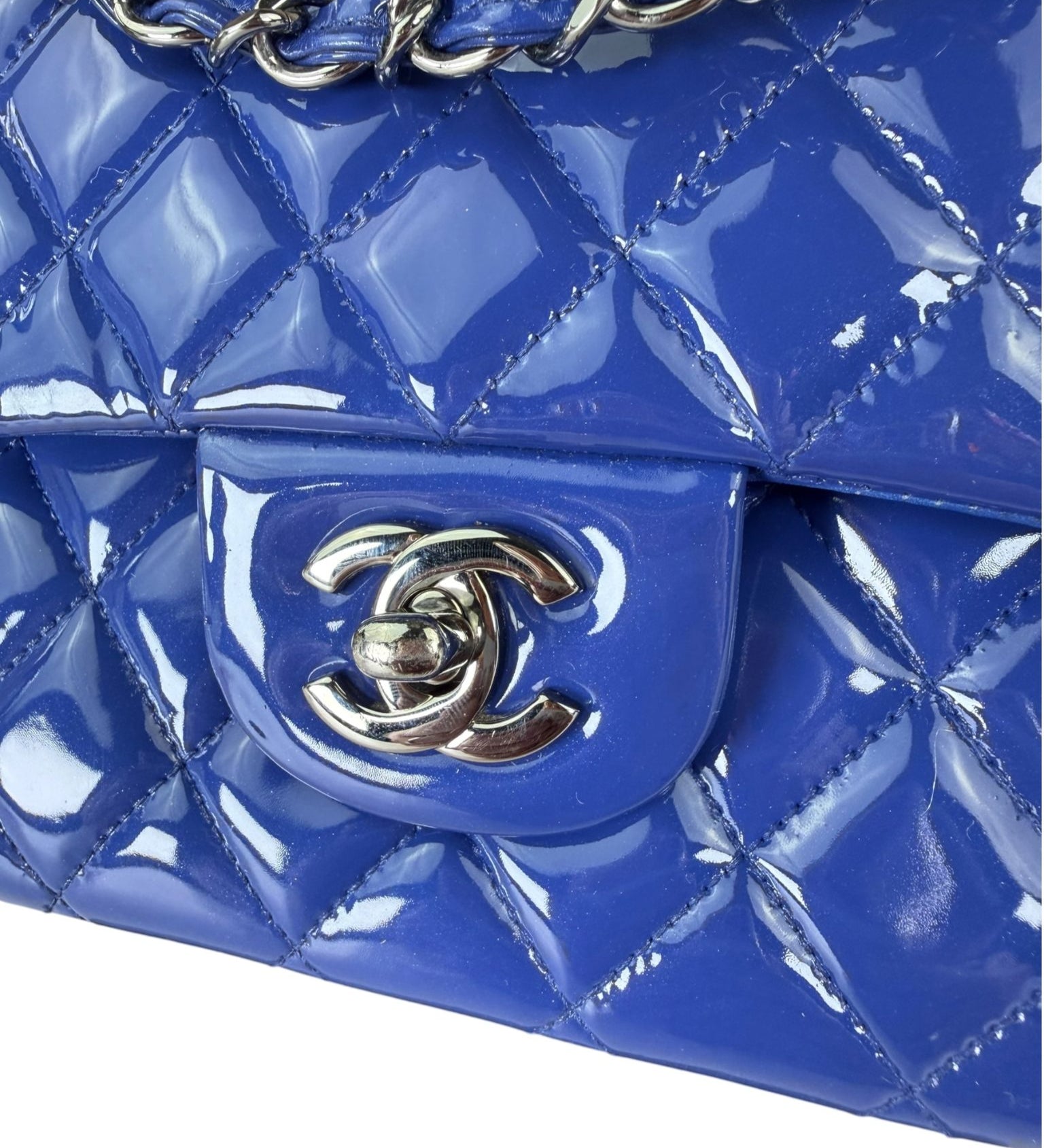 Chanel Shiny Blue Quilted Patent Leather Trim Double Flap Bag 2012
