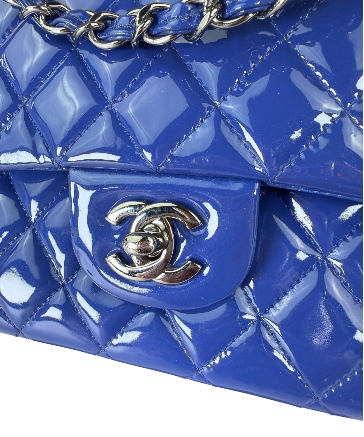 Chanel Shiny Blue Quilted Patent Leather Trim Double Flap Bag 2012