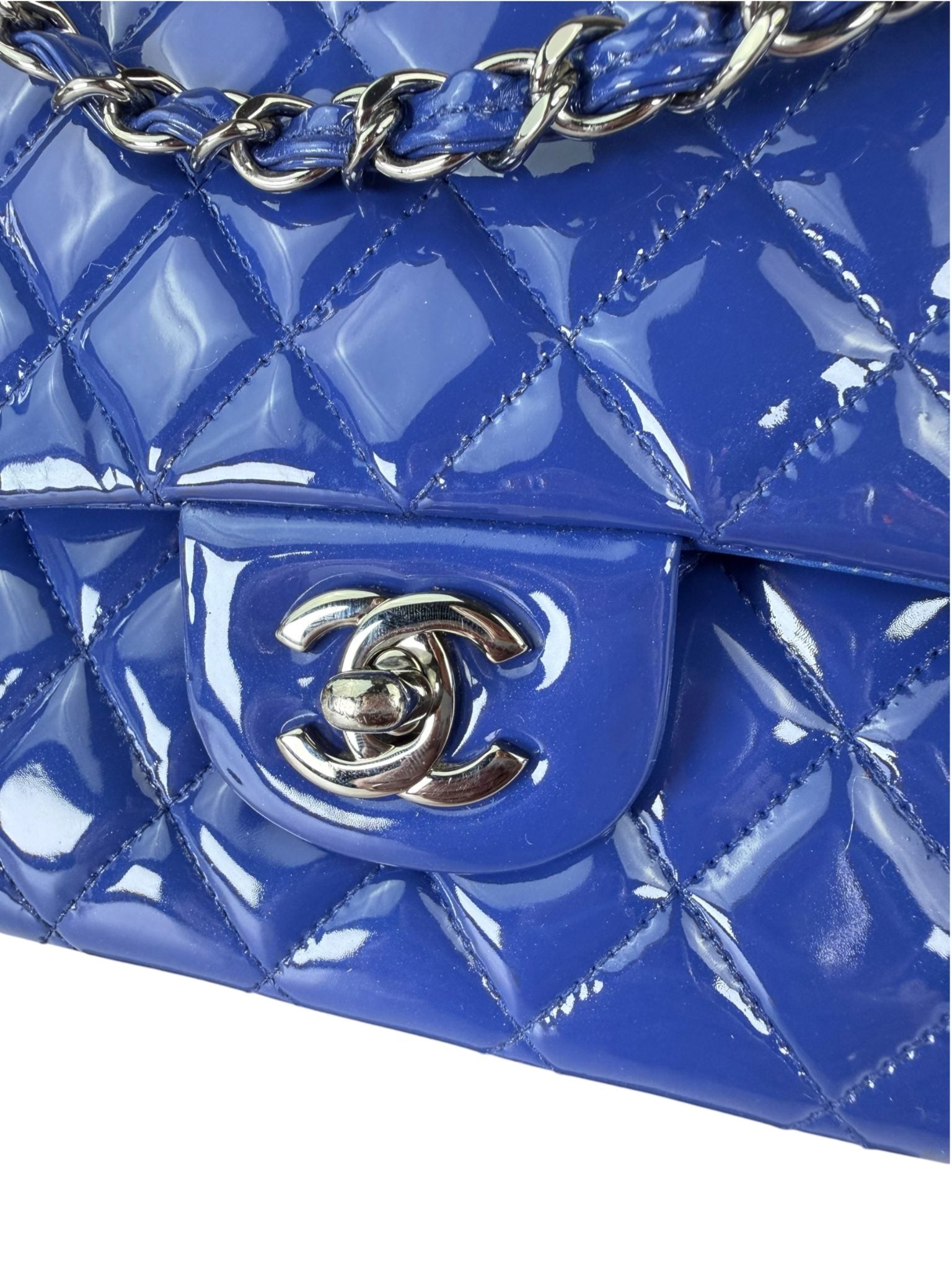Chanel Shiny Blue Quilted Patent Leather Trim Double Flap Bag 2012