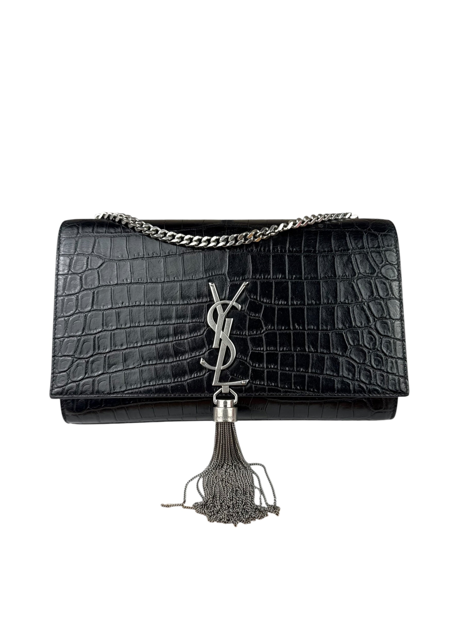 Yves Saint Laurent Black Croc-Embossed Calfskin Kate Tassel Shoulder Bag