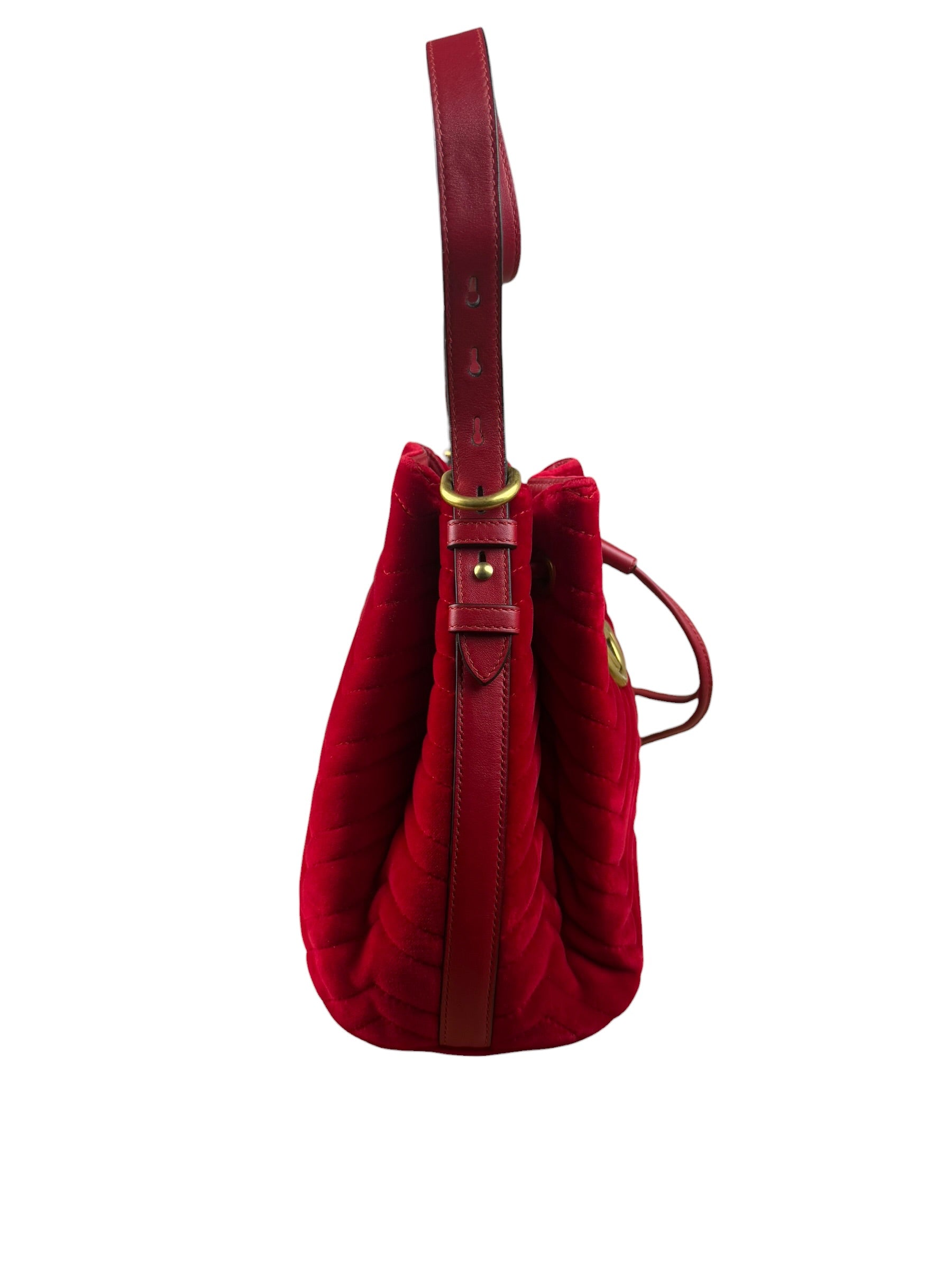Gucci Red Velvet Leather Trim Marmont Matelasse Bucket Bag
