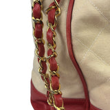 Chanel Vintage Beige/Red Leather Trim Drawstring Bucket Bag 1989