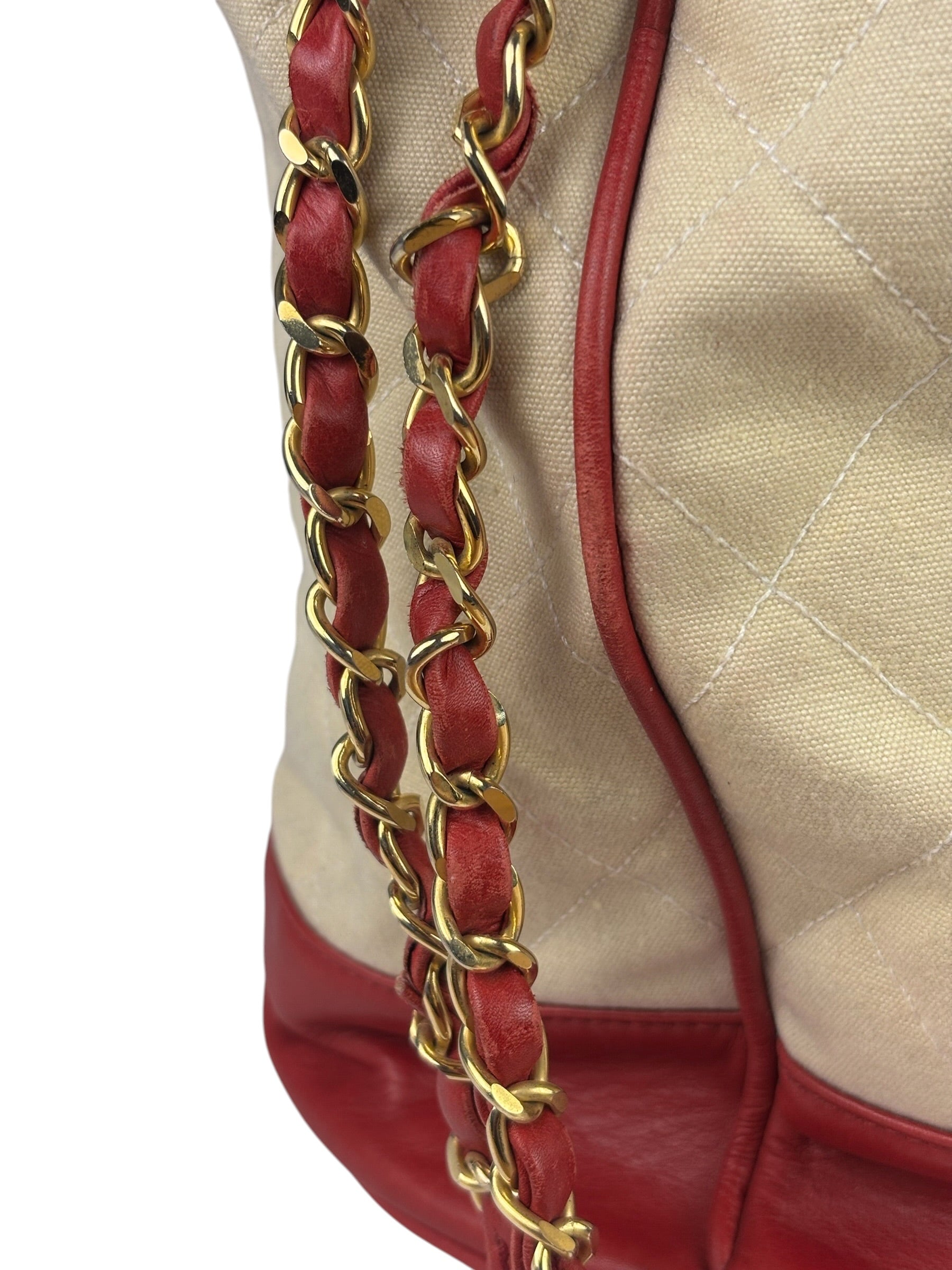 Chanel Vintage Beige/Red Leather Trim Drawstring Bucket Bag 1989