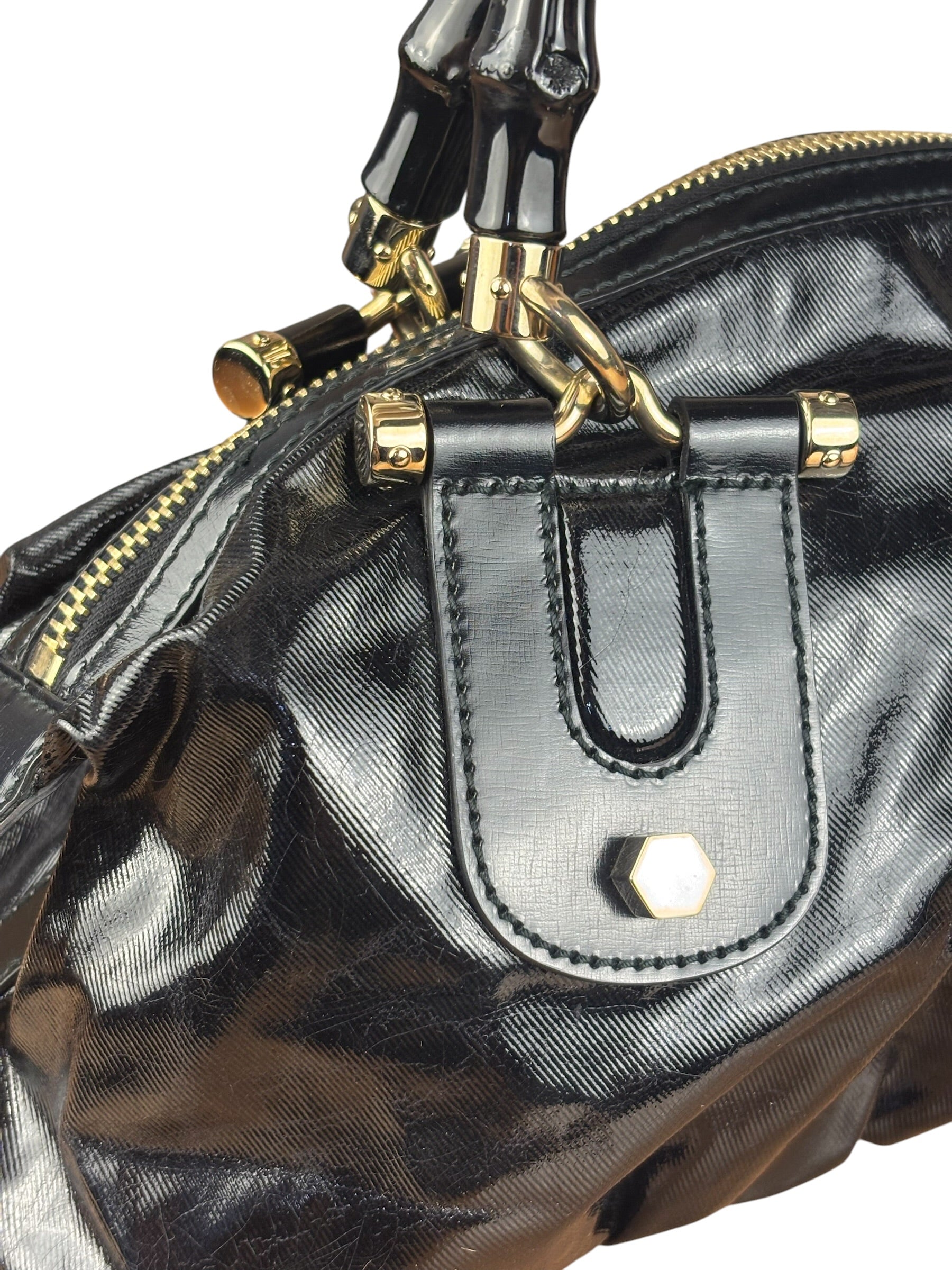 Gucci Black Patent Vintage Dialux Pop Bamboo 2Way Handbag