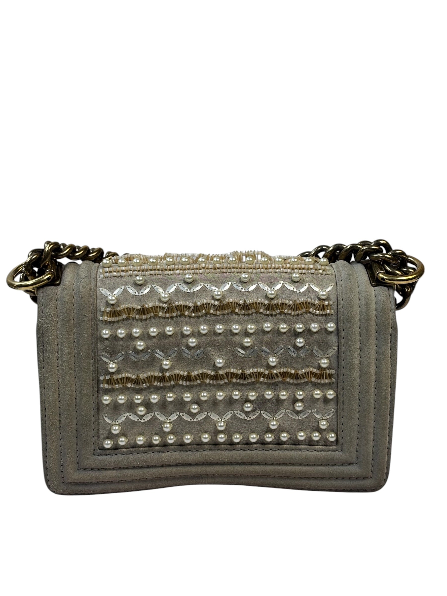 Chanel Grey Suede Beaded Pearl/Bead Boy Flap 2014