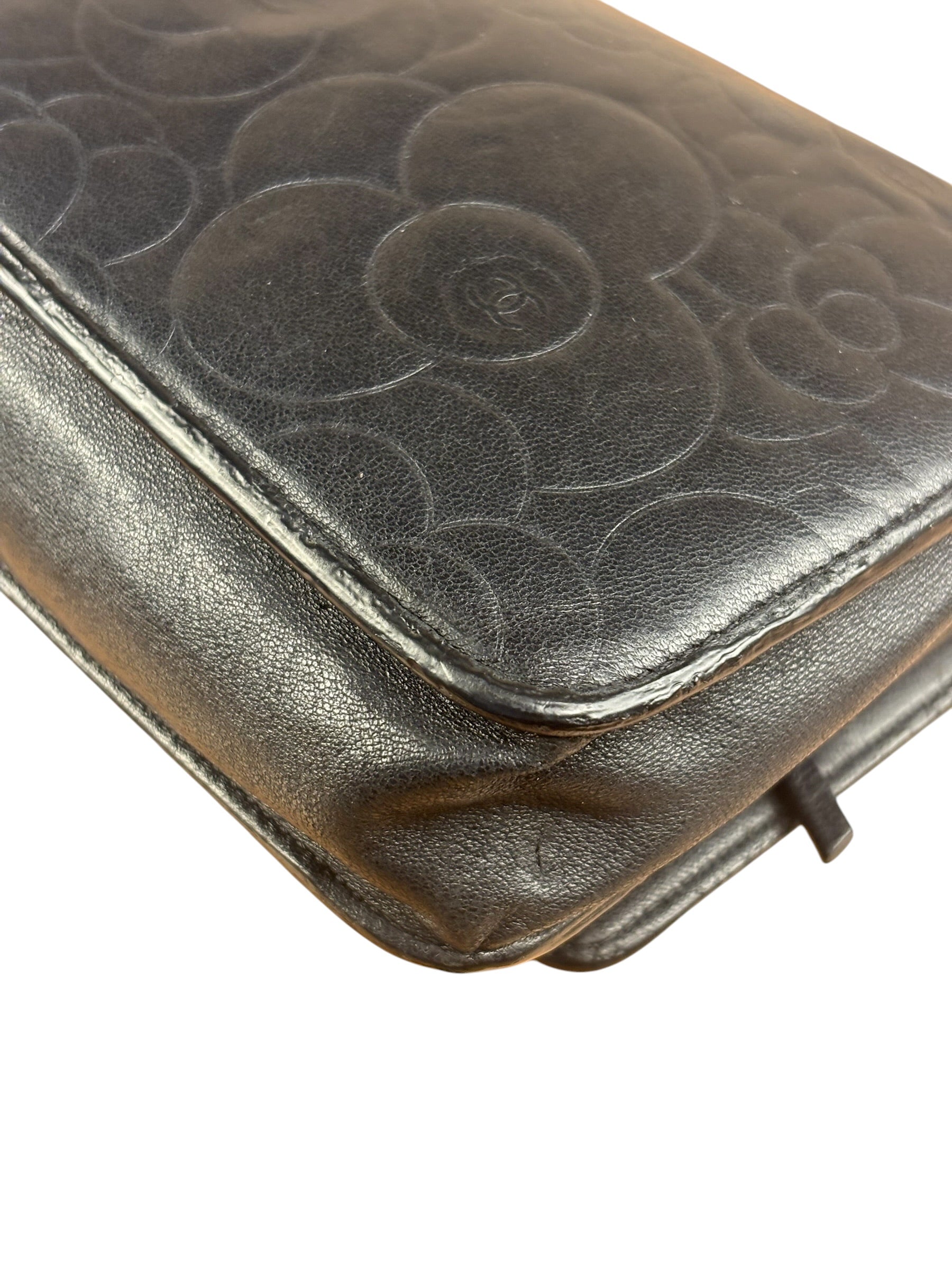 Chanel Black Leather Camellia Embossed Chain Wallet 2012