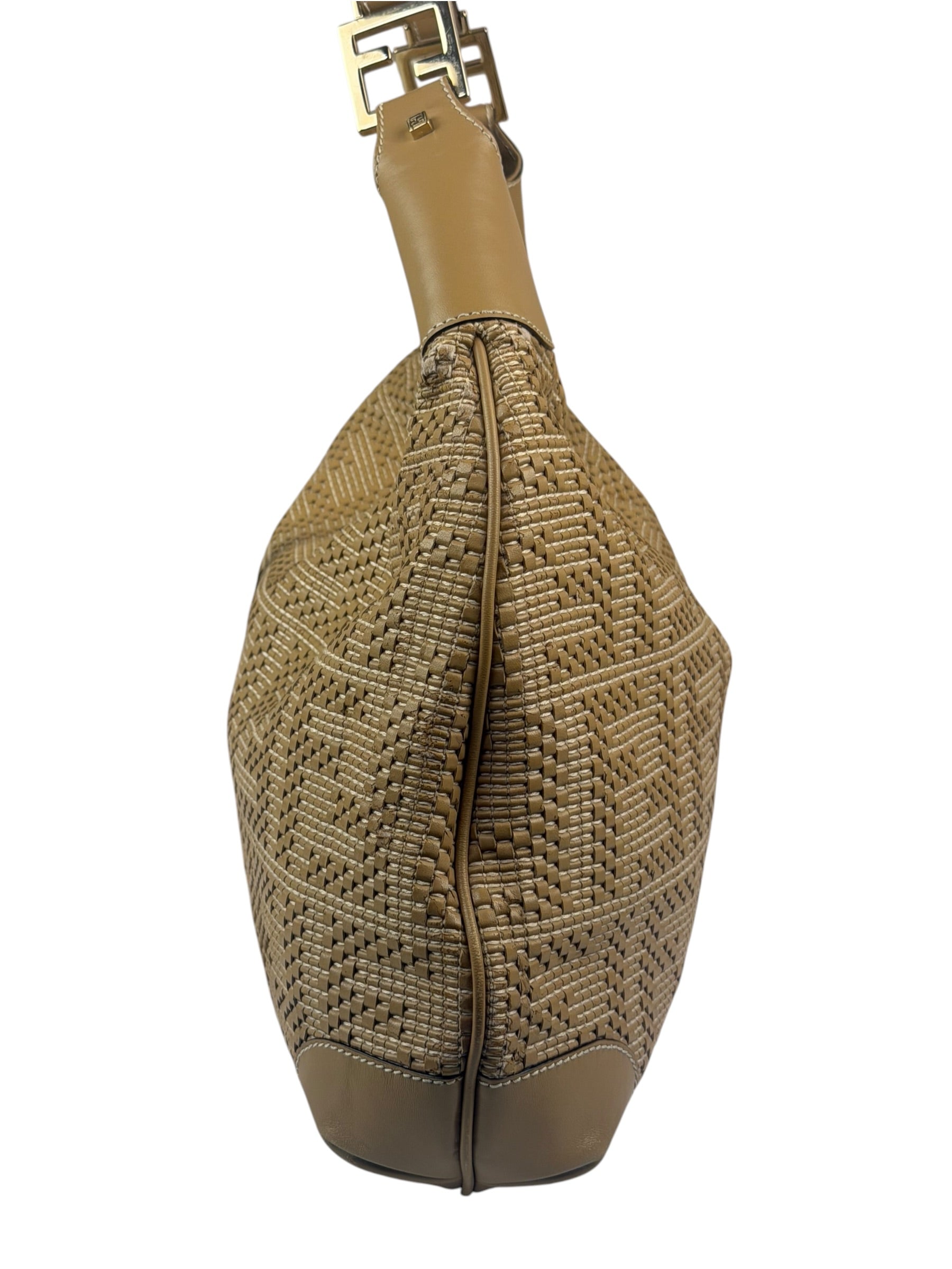 Fendi Beige Leather Trim Woven Hobo Bag