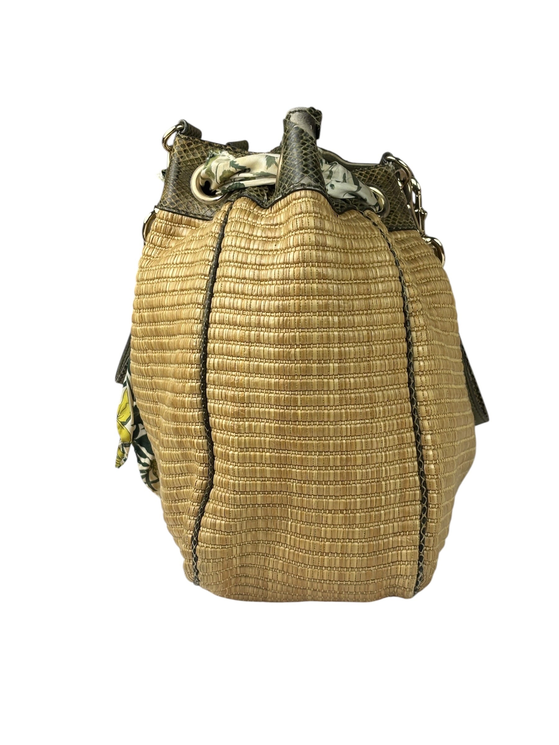 Gucci Brown Snakeskin Trim Large Raffia Positano Tote