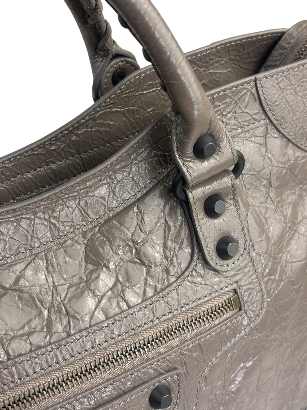 Balenciaga Stone Grey Patent Leather Moto Work Two-Way Bag