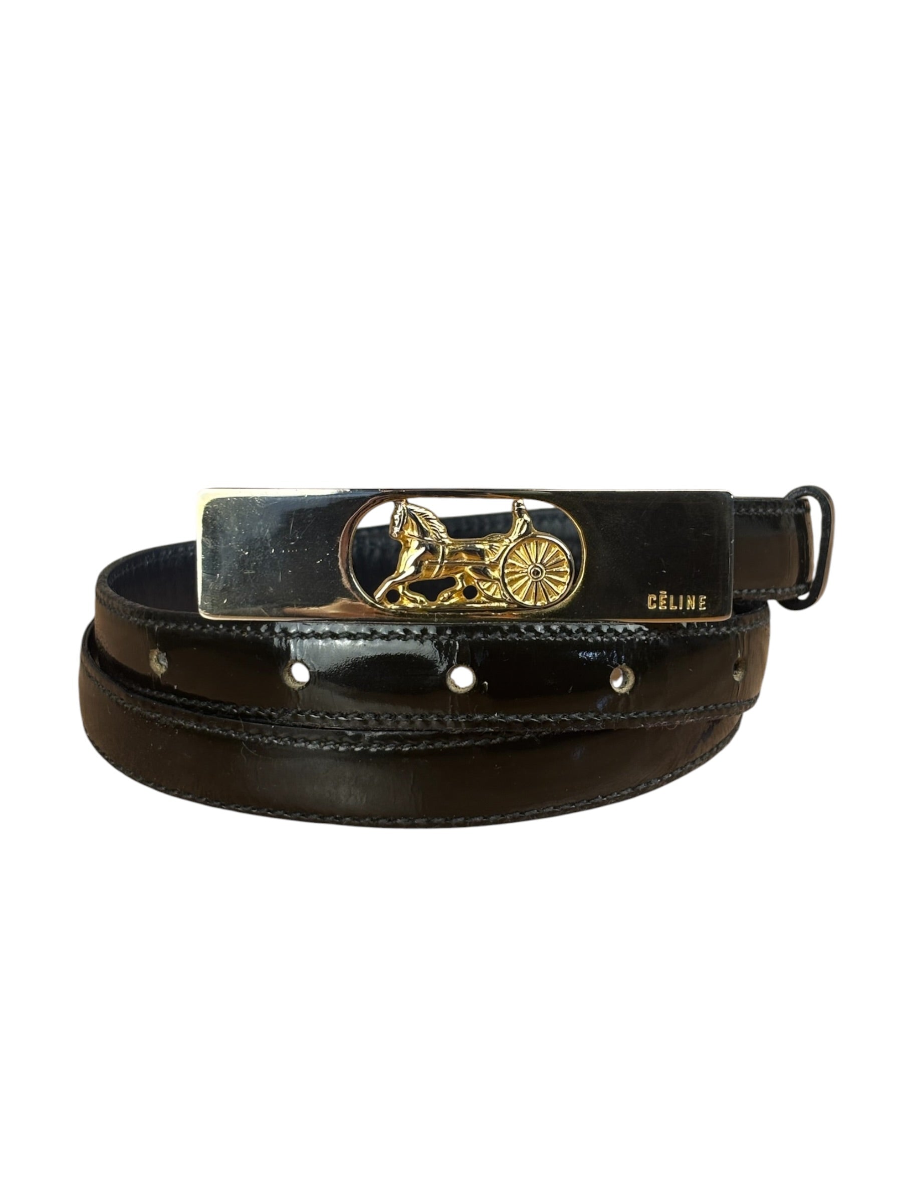 Celine Vintage Black Leather Horse Carriage Rectangular Plate Buckle Belt