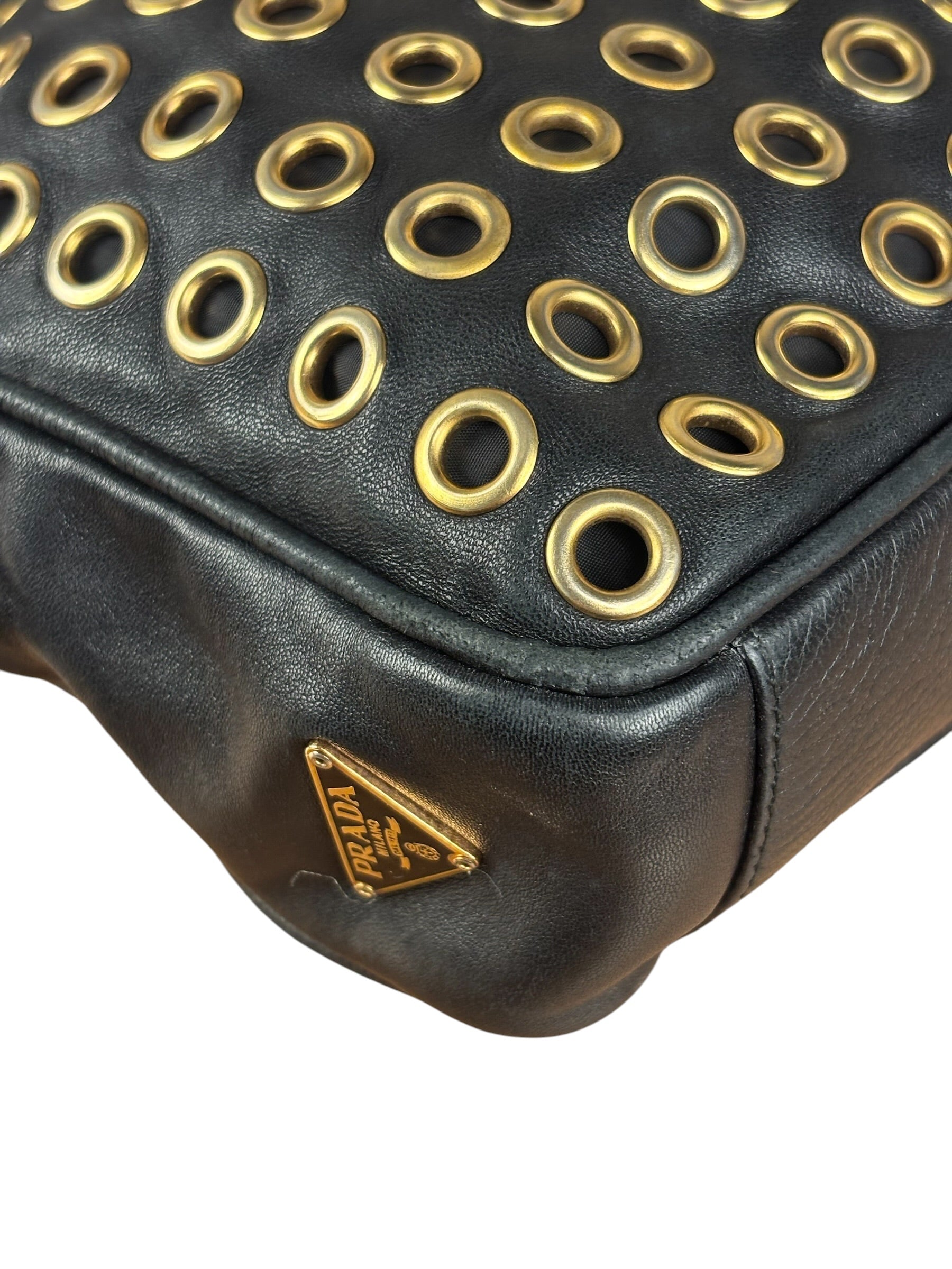 Prada Vintage Black Leather Nappa Metal Grommet Bauletto Handbag