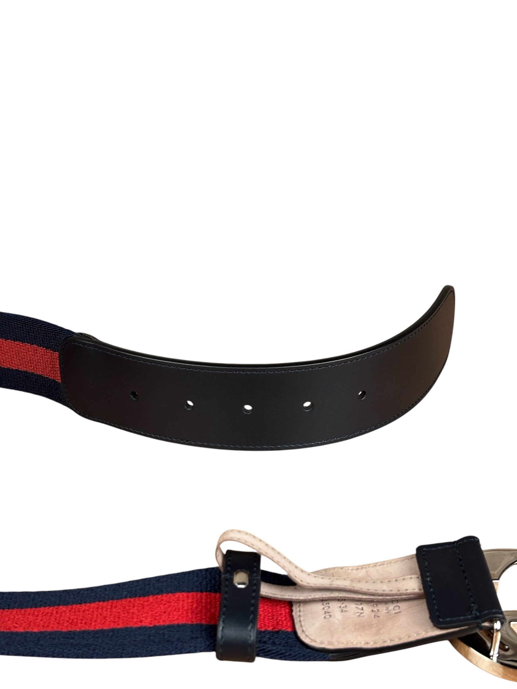Gucci Navy Blue Leather Trim G Web Buckle Belt