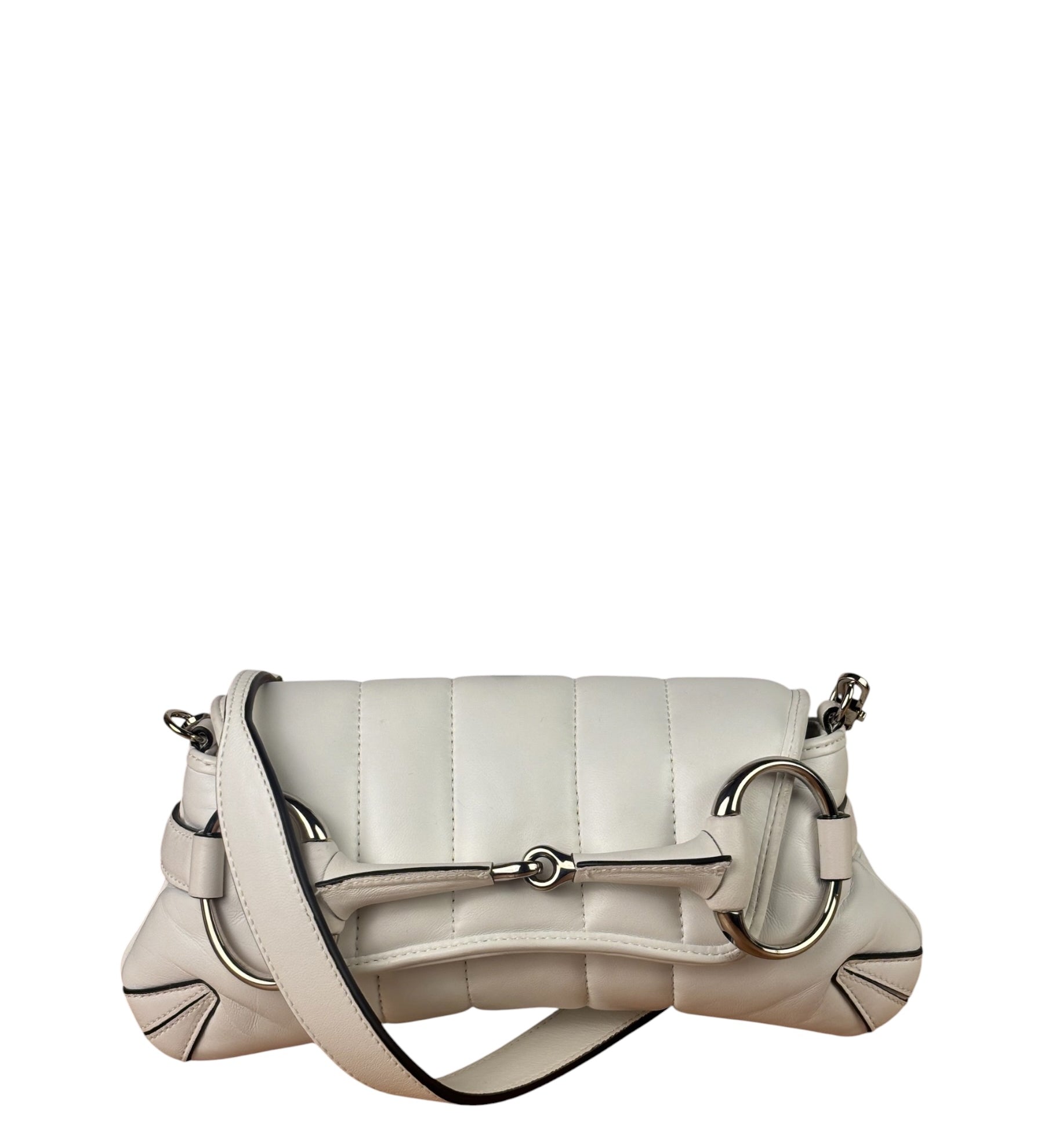 Gucci White Leather Horsebit Shoulder Bag