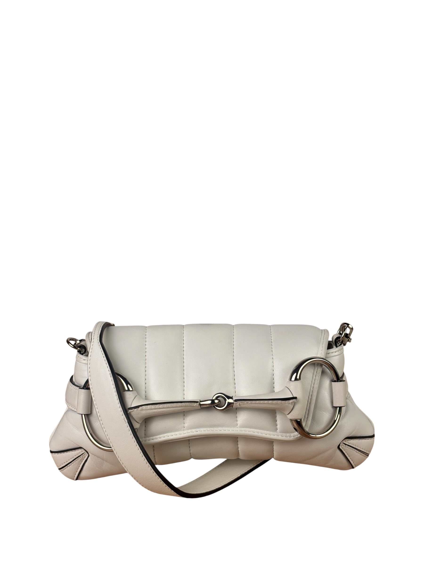 Gucci White Leather Horsebit Shoulder Bag
