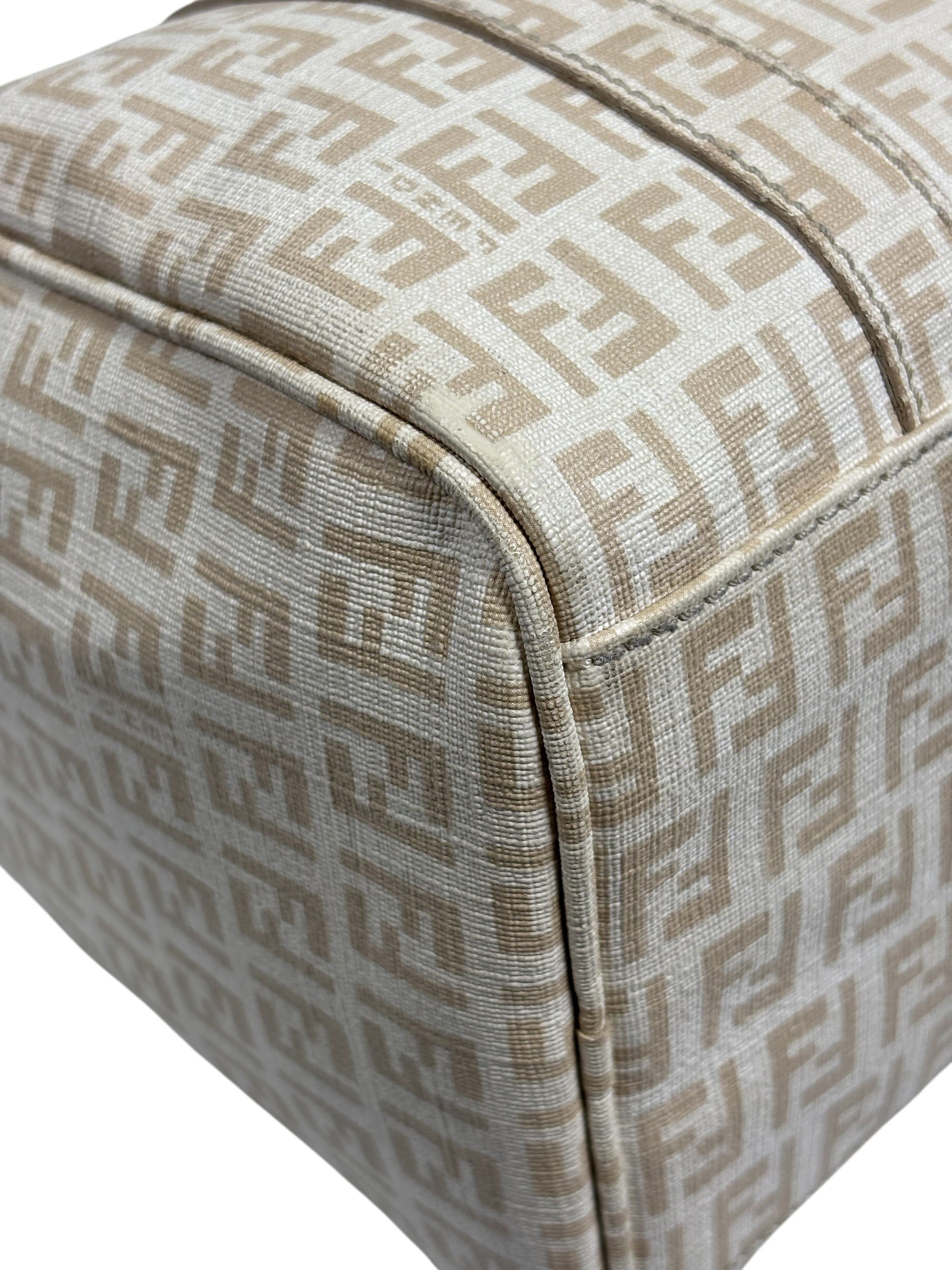 Fendi Beige Leather Trim Zucca Boston Bag