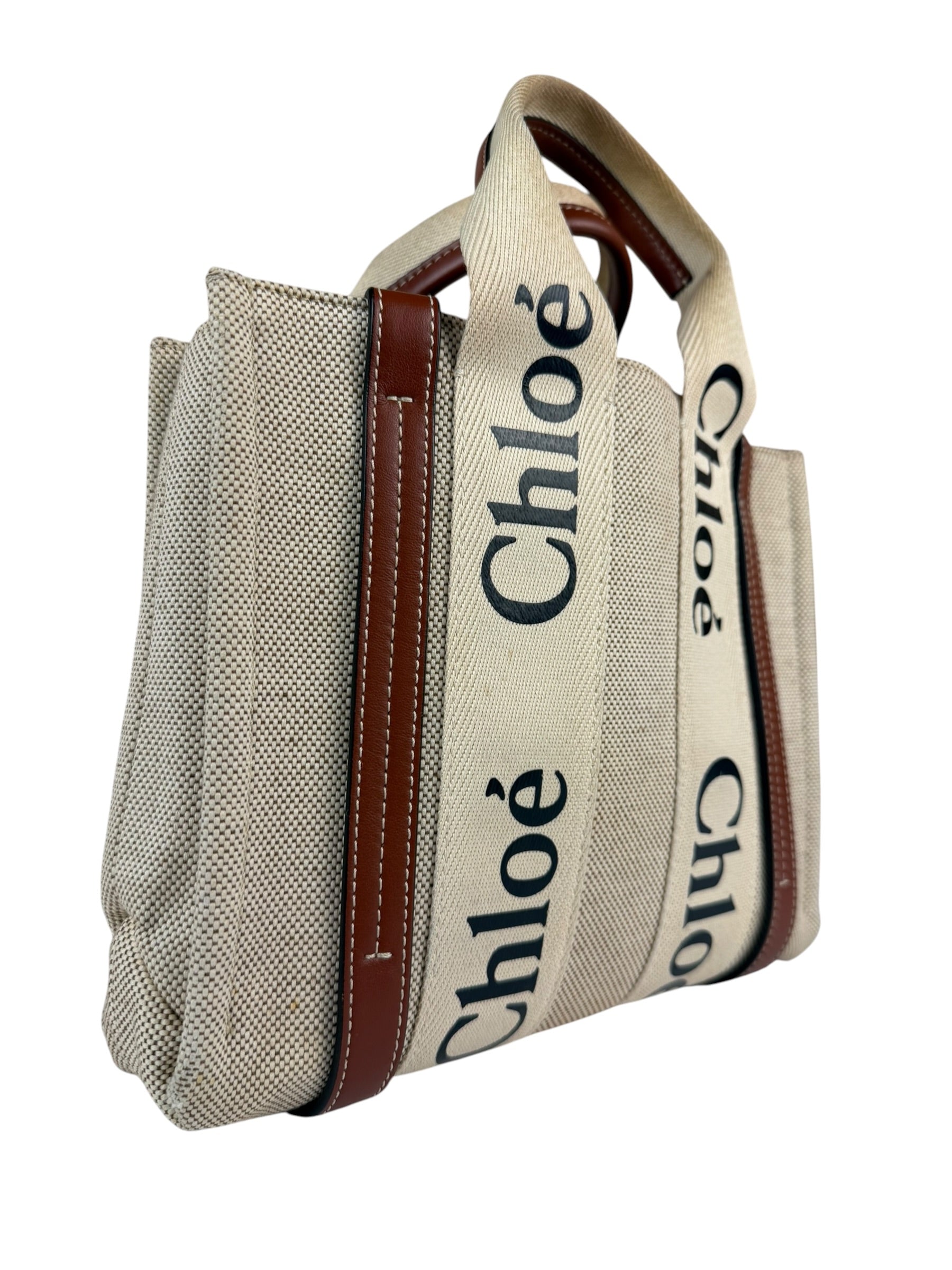 Chloe Brown Leather Trim/Linen Canvas Woody Small Tote