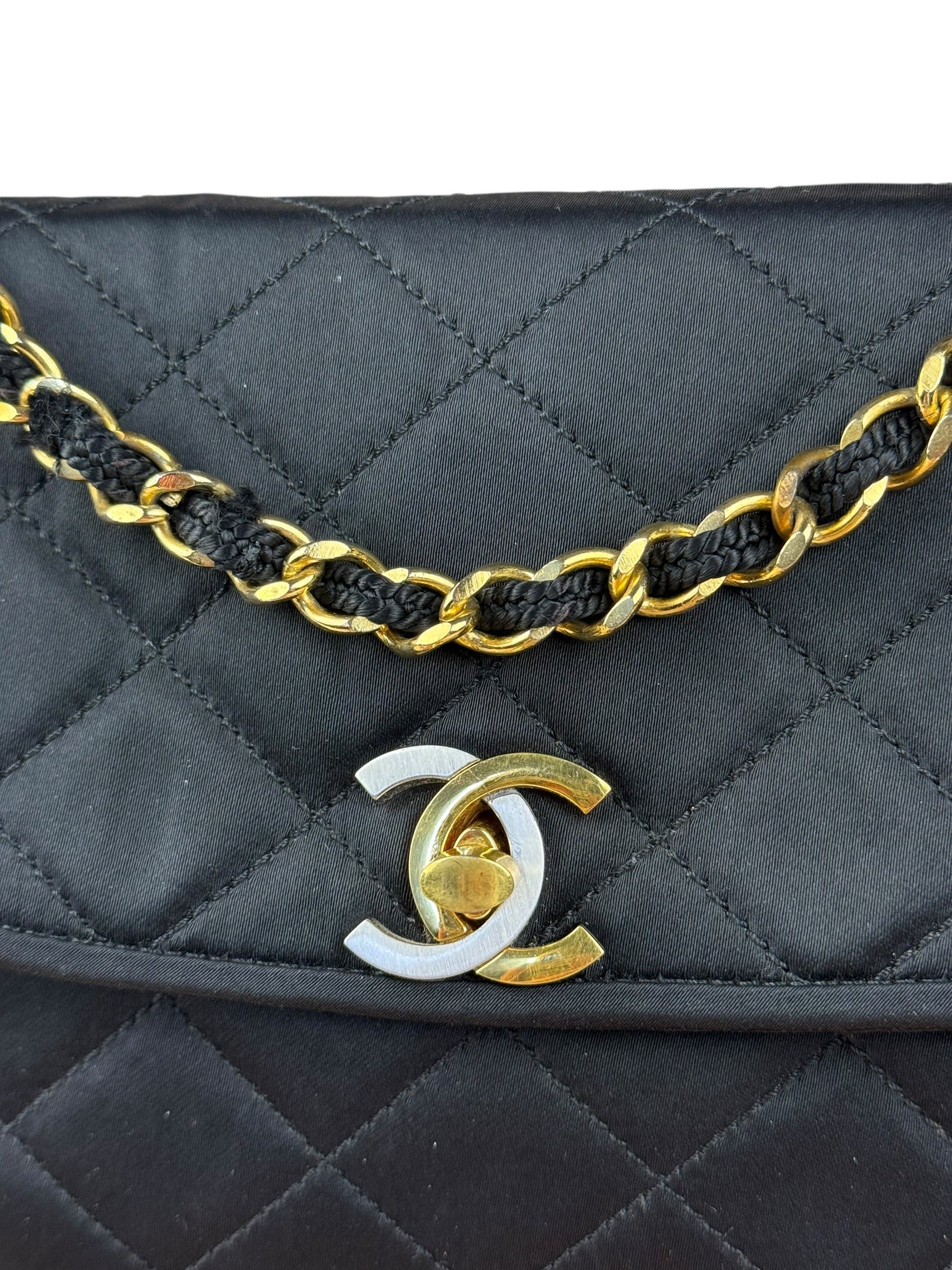 Chanel Vintage CC Black Satin Half-Moon Flap Bag 1991