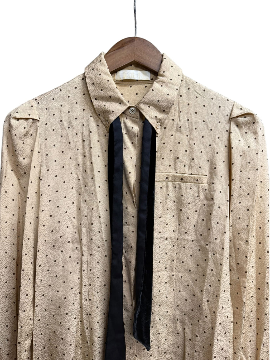 Chloe Beige Silk Polka Dot Velour Bow Blouse
