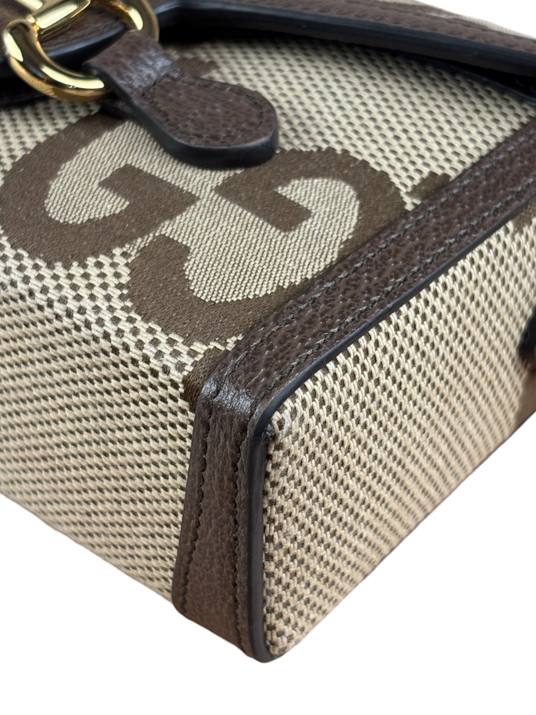 Gucci Brown Leather Trim Monogram Jumbo GG Mini Shoulder Bag