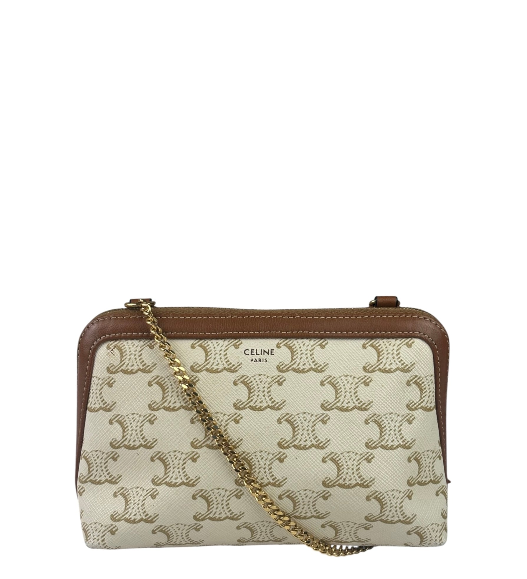 Celine Beige/Brown Leather Triomphe Chain Clutch