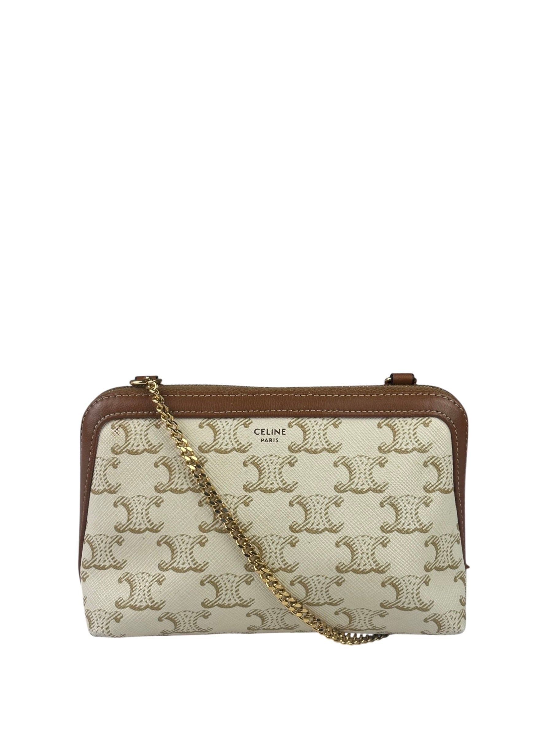 Celine Beige/Brown Leather Triomphe Chain Clutch