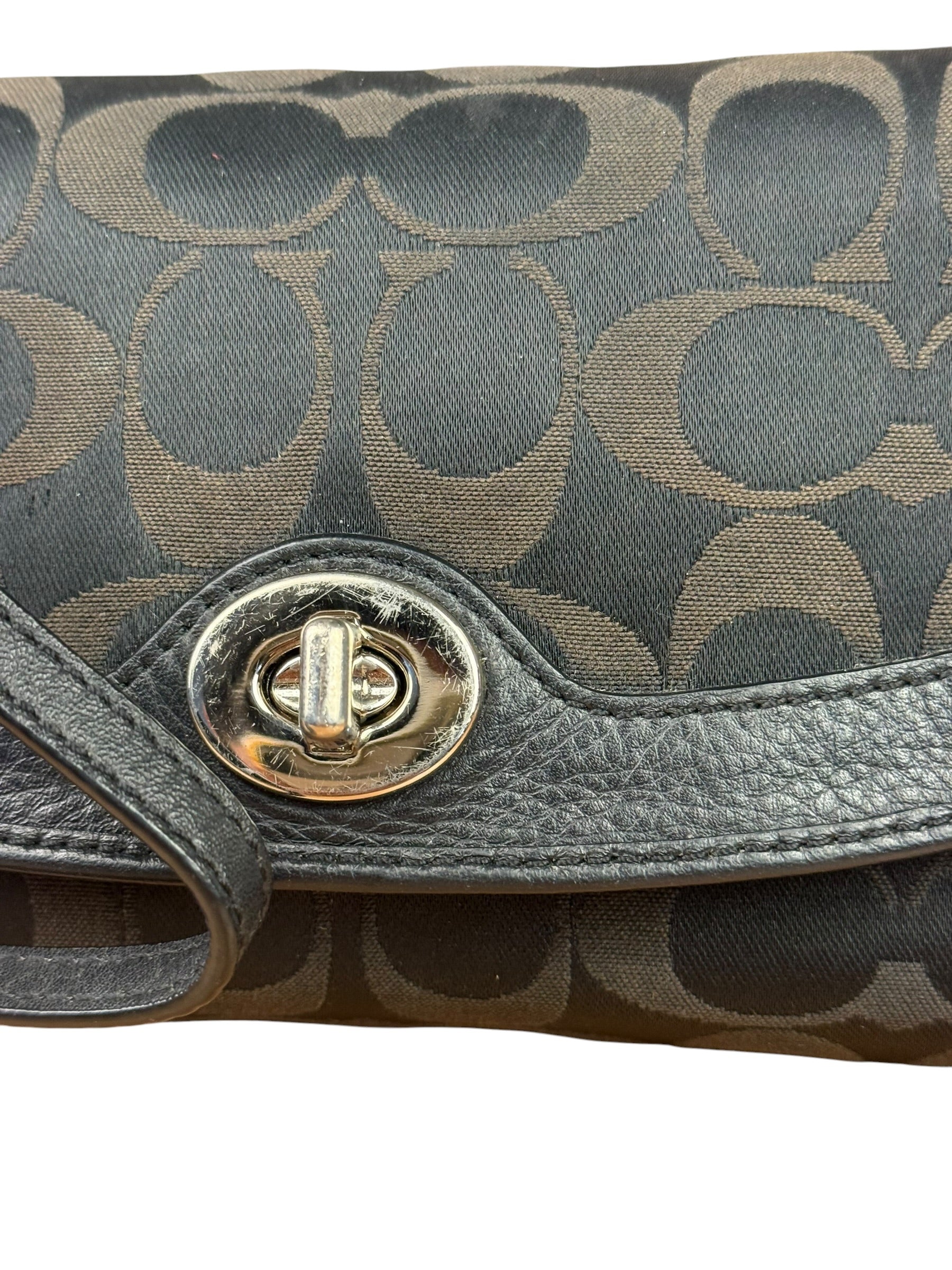 Coach Vintage Black Leather Trim C Canvas Flap Snap Clutch Wristlet