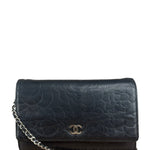 Chanel Black Leather Camellia Embossed Chain Wallet 2012