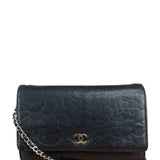 Chanel Black Leather Camellia Embossed Chain Wallet 2012