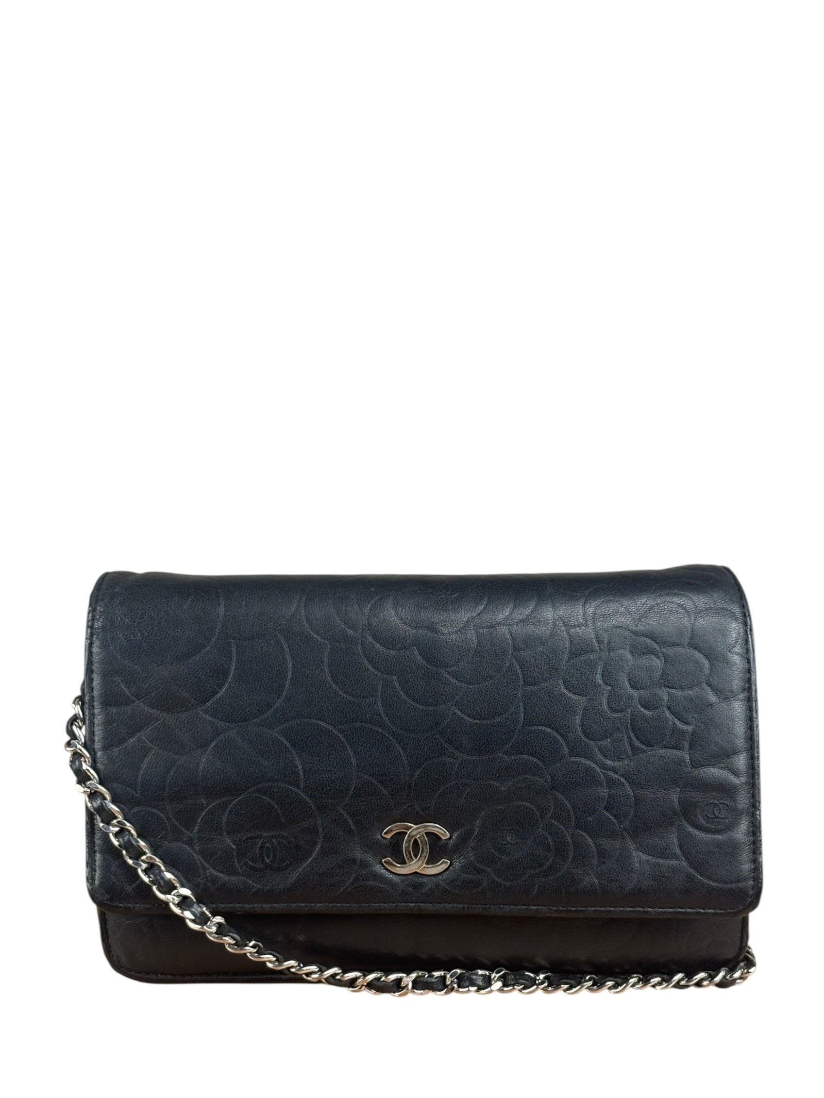 Chanel Black Leather Camellia Embossed Chain Wallet 2012
