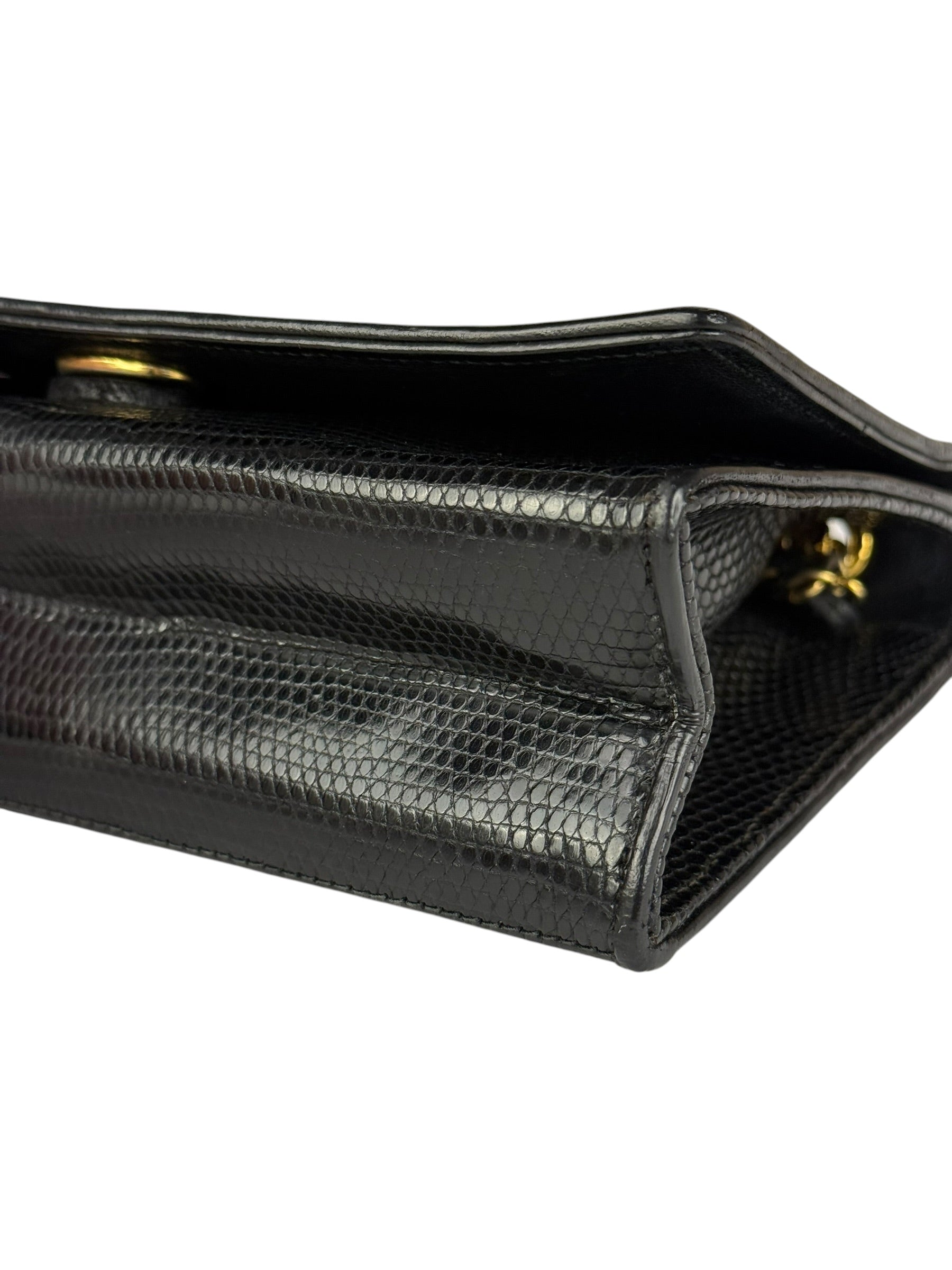Chanel Vintage Black Lizard Leather Chain Flap Bag 1987