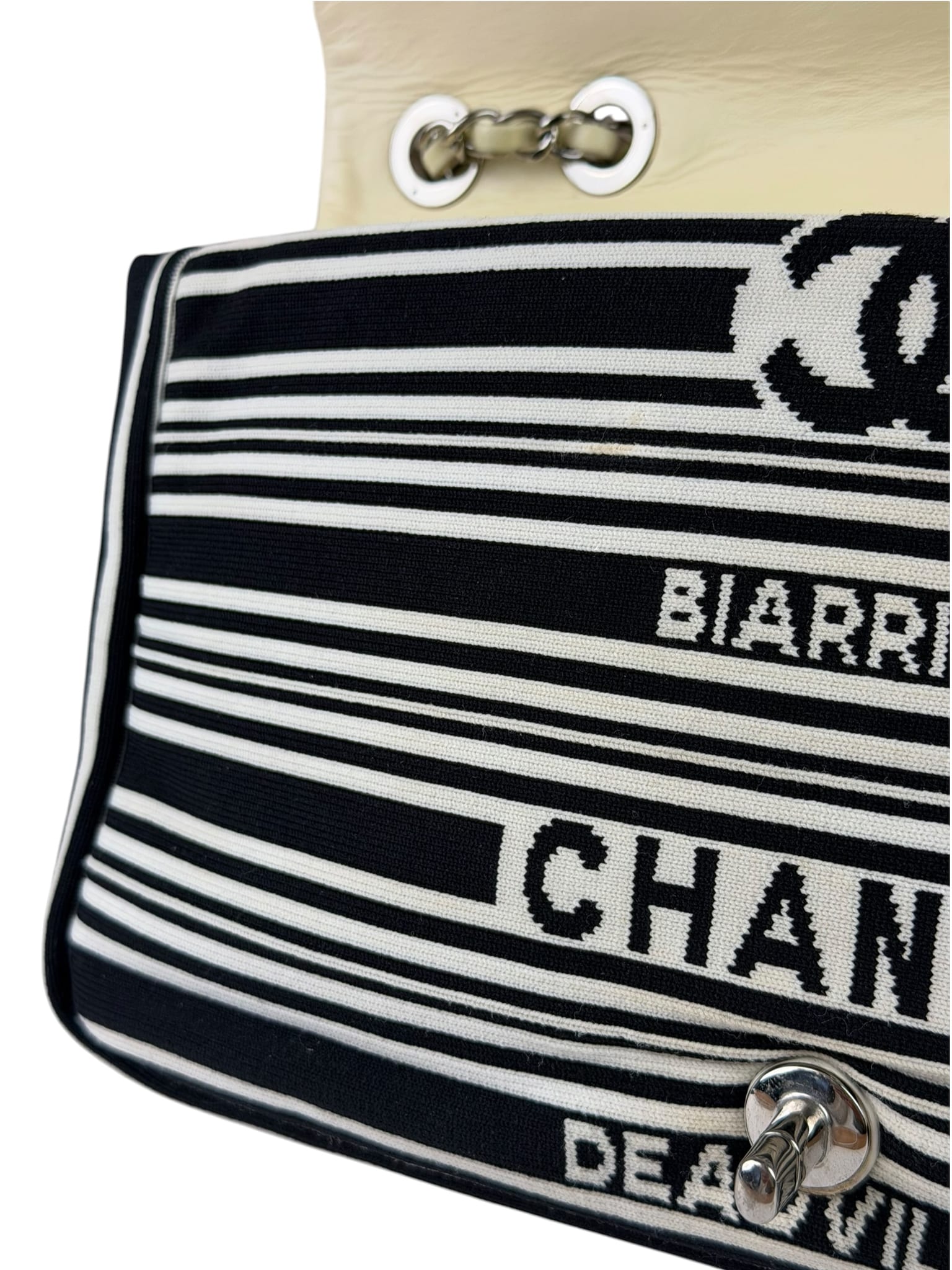 Chanel Black/White Leather Trim/Cloth Venise Biarritz Flap Bag 2019