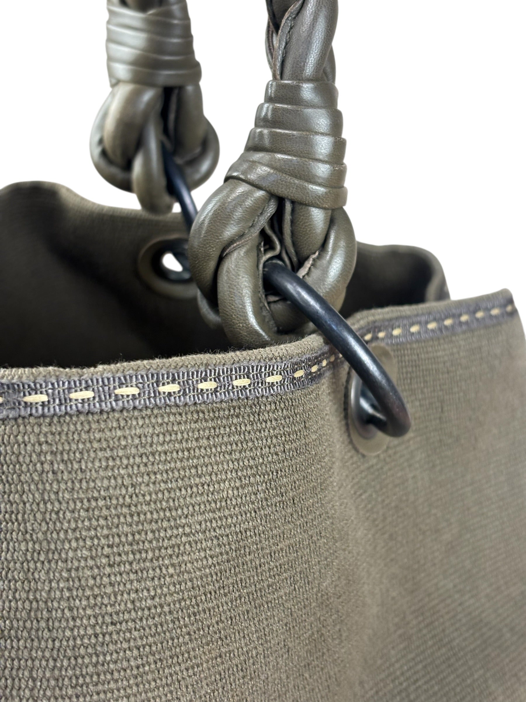 Bottega Venta Vintage Olive/Brown Canvas Large Shopper Shoulder Bag