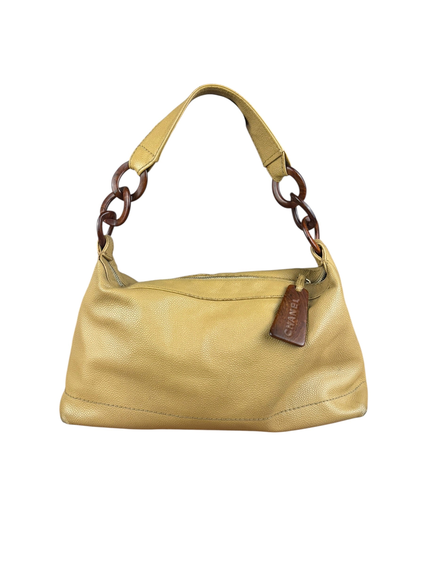Chanel CC Vintage Beige Leather Caviar Wood Chain Hobo Bag