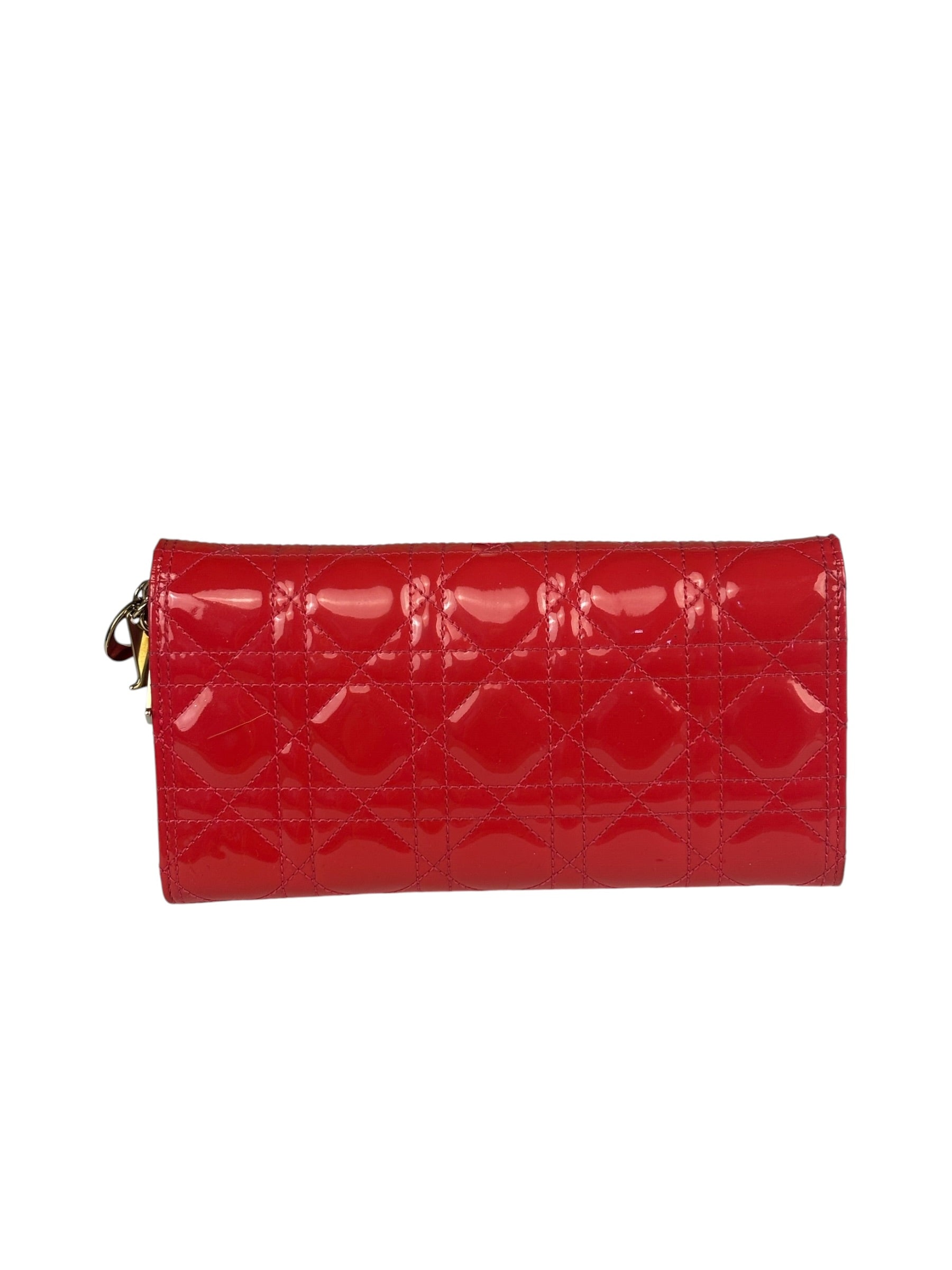Christian Dior Cannage Red Patent Leather Wallet On Chain