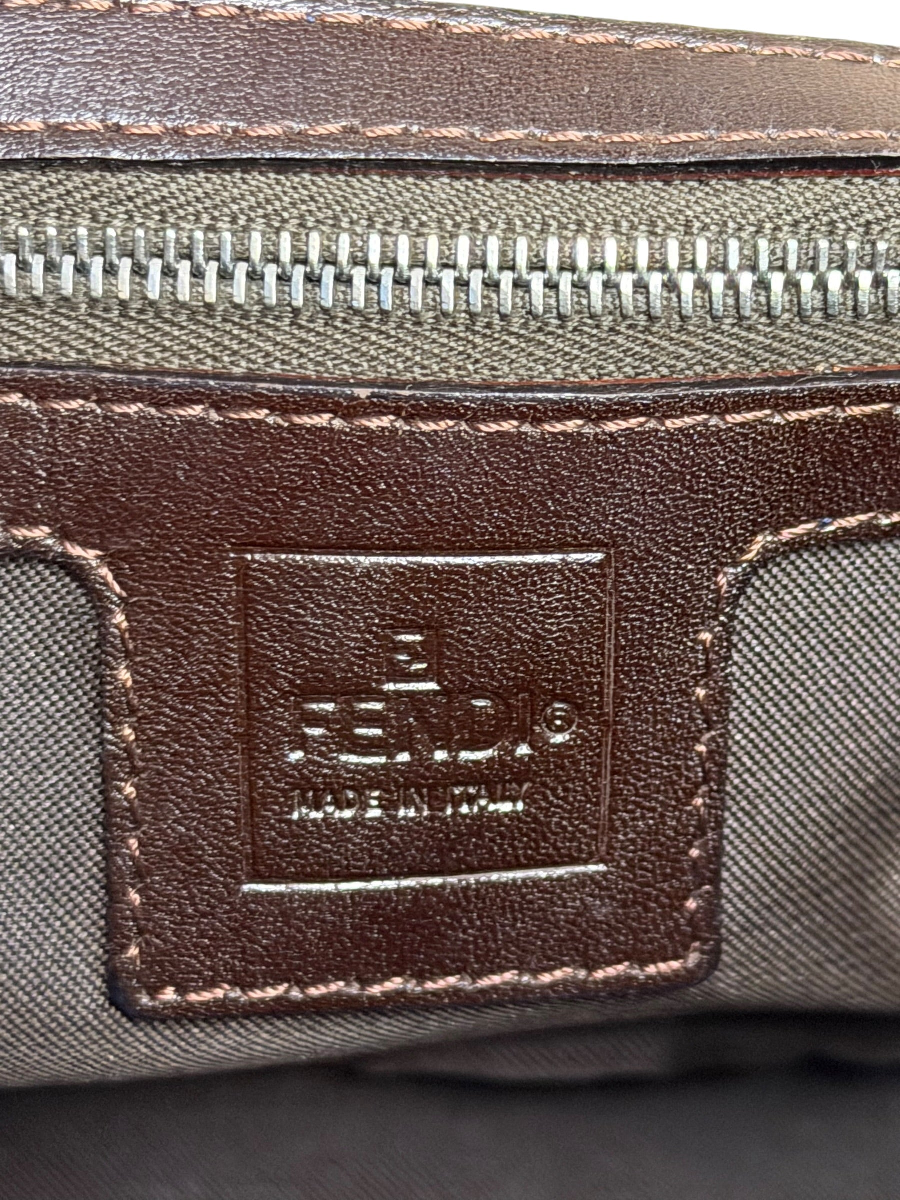 Fendi Brown Leather Trim Zucca FF Monogram Baguette
