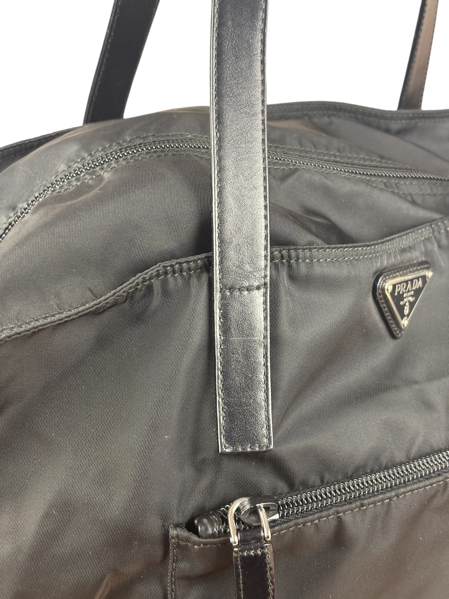 Prada Black Saffiano Leather Strap Tessuto Nylon Tote Bag