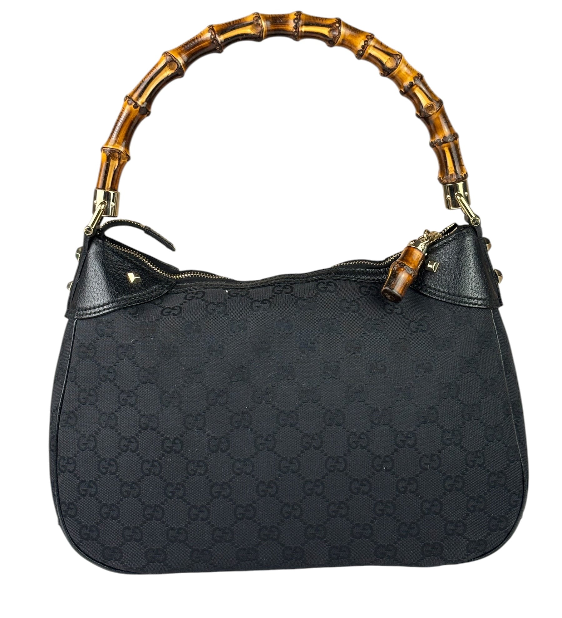 Gucci Black Leather Trim Bamboo Handle Hobo Bag