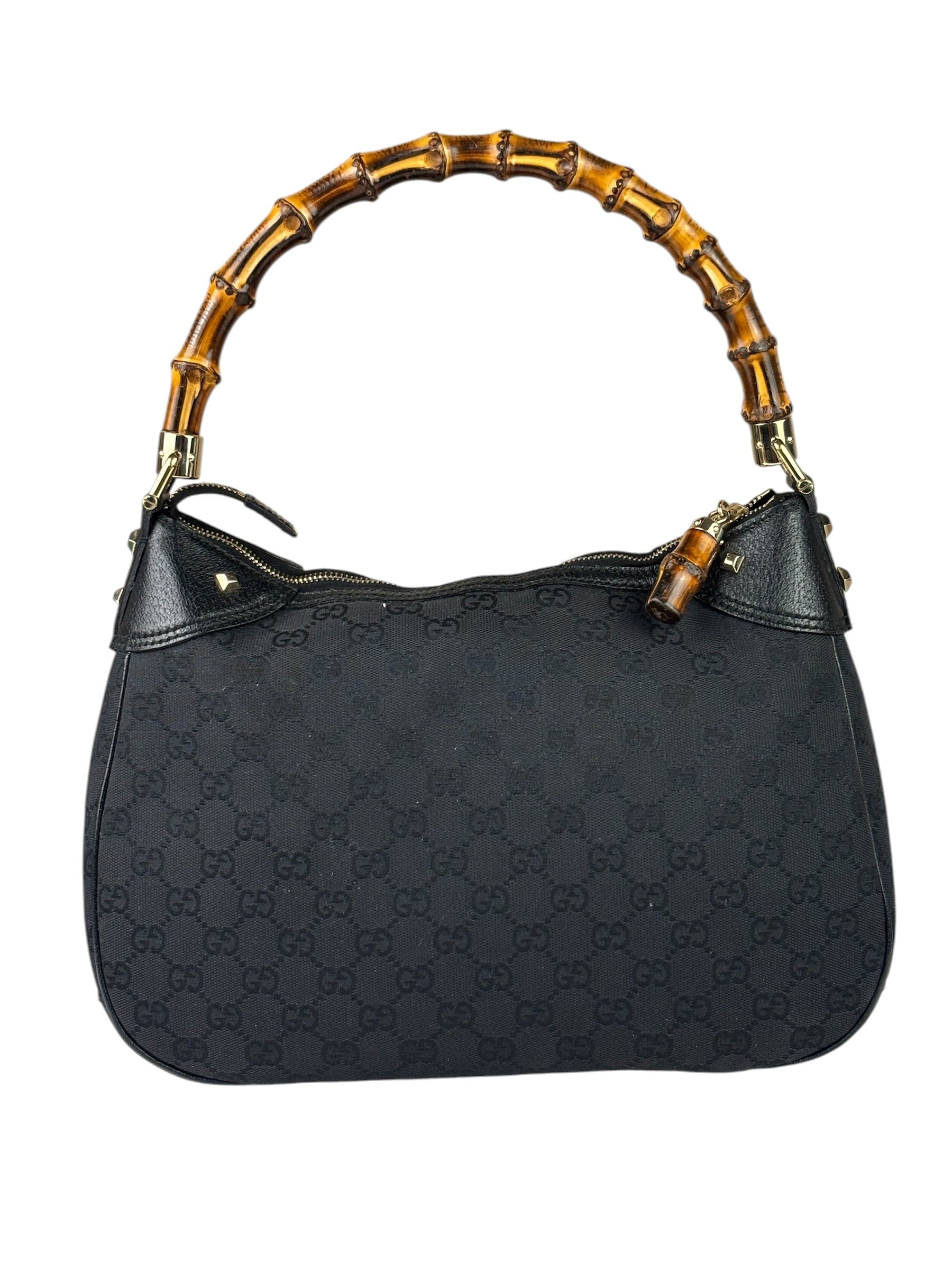 Gucci Black Leather Trim Bamboo Handle Hobo Bag