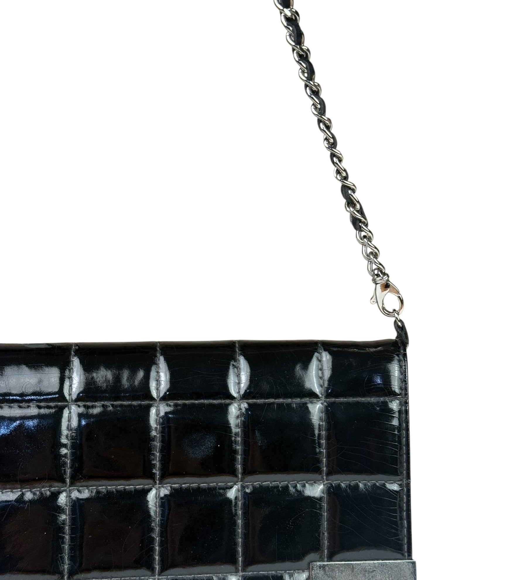 Chanel Black Patent Chocolate Bar Quilted Flap Shoulder Bag 2001