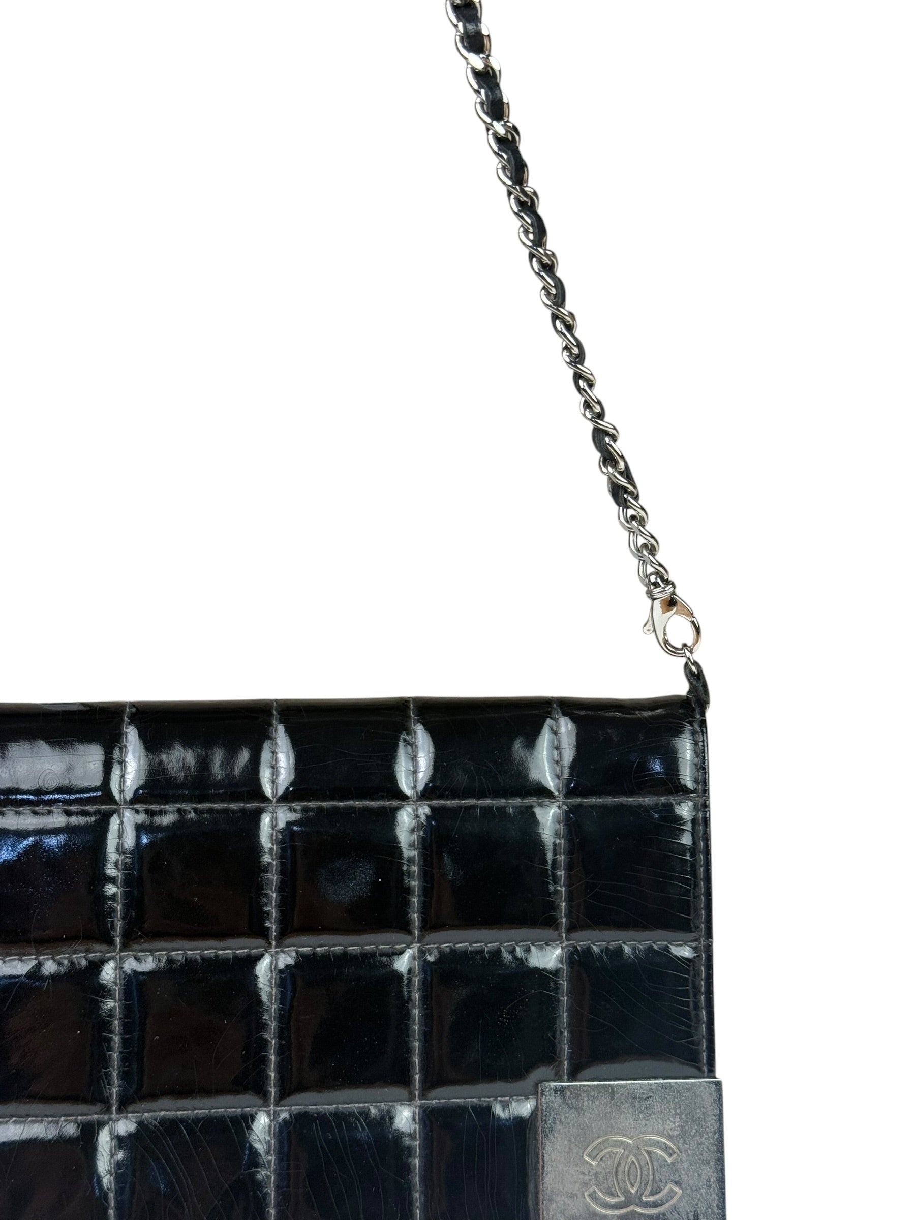 Chanel Black Patent Chocolate Bar Quilted Flap Shoulder Bag 2001