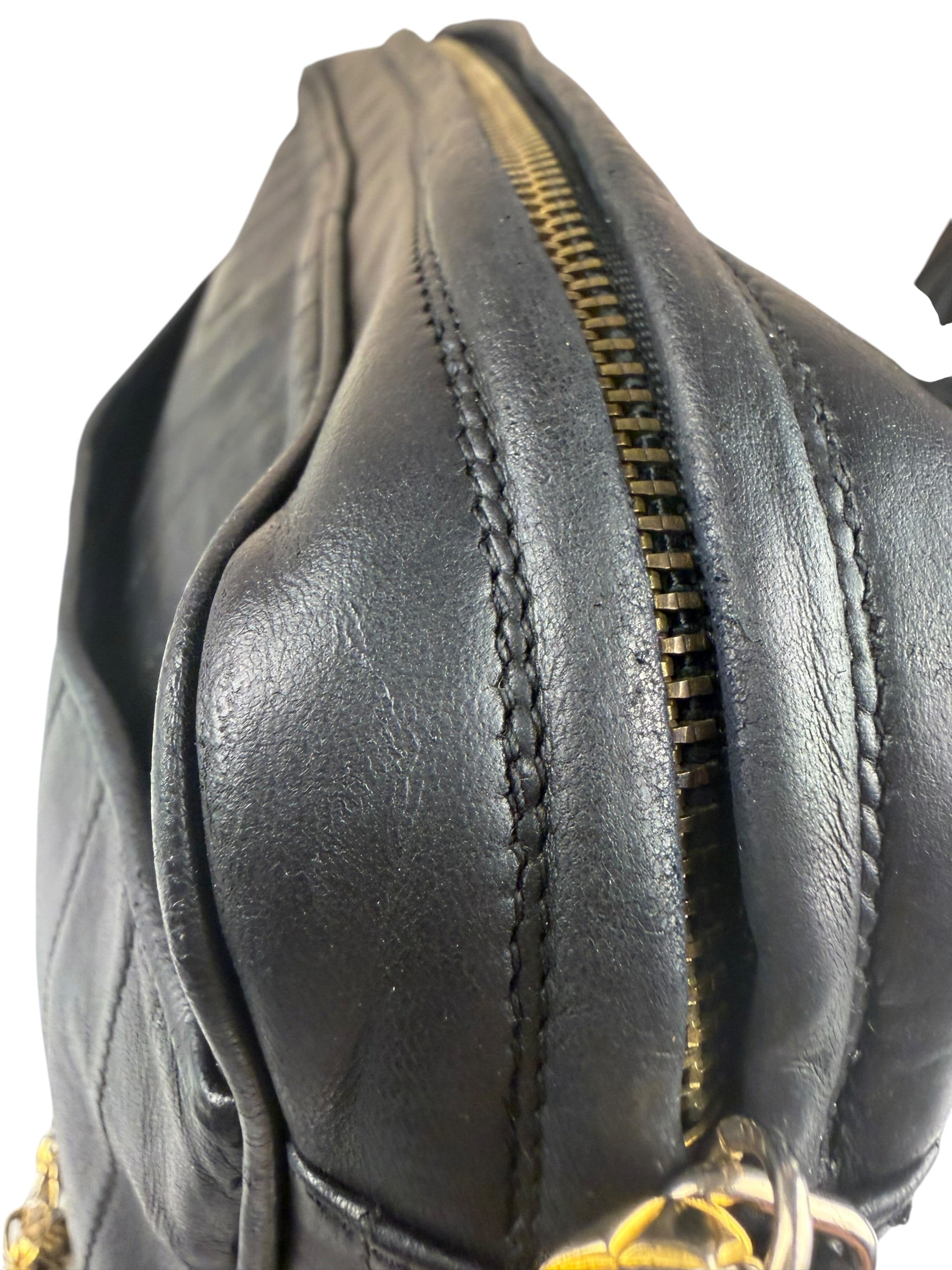 Chanel Vintage Black Leather Mademoiselle Vertical Quilted Shoulder Bag 1990's