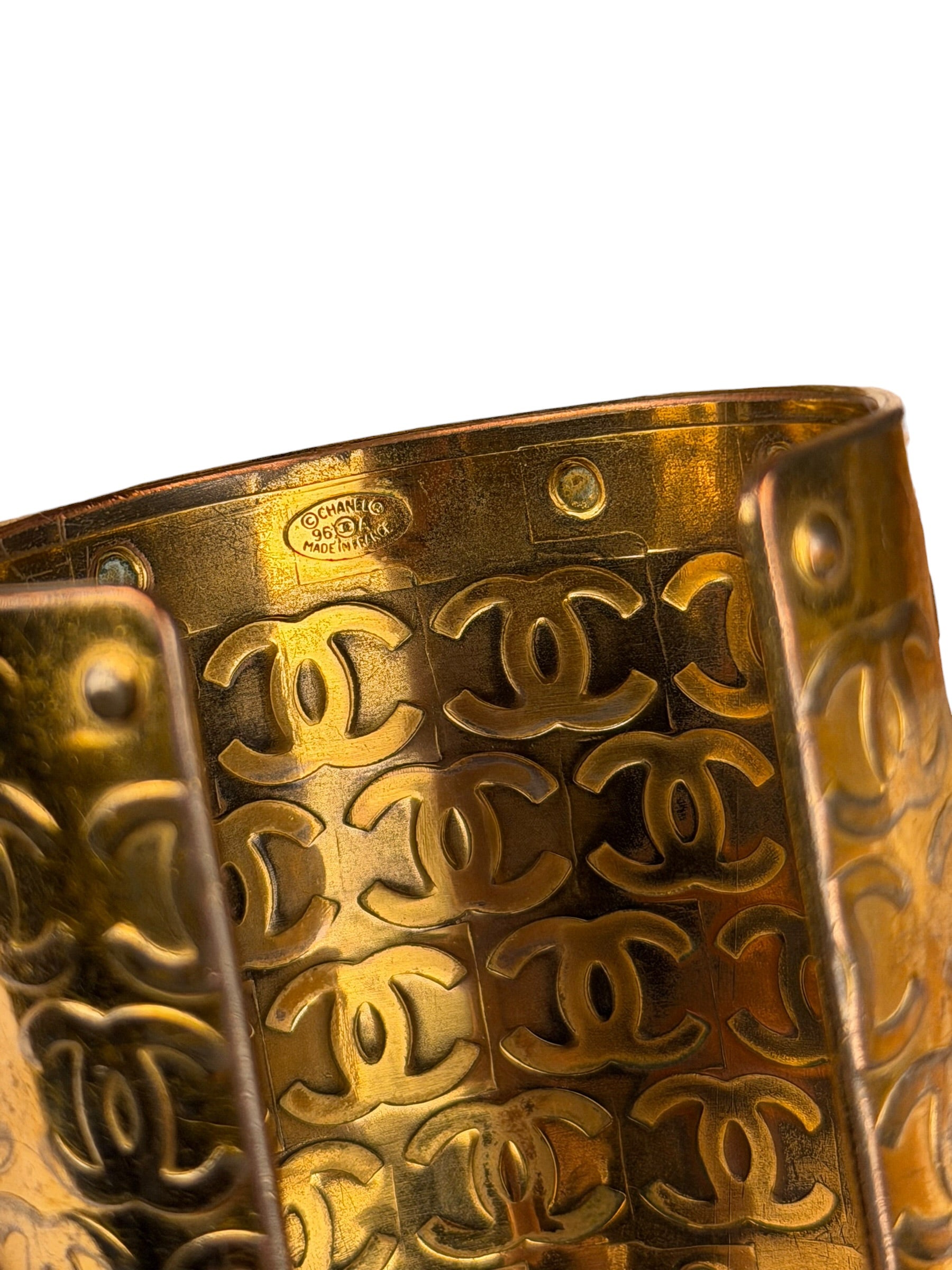 Chanel Vintage Gold CC Print Cuff Bracelet