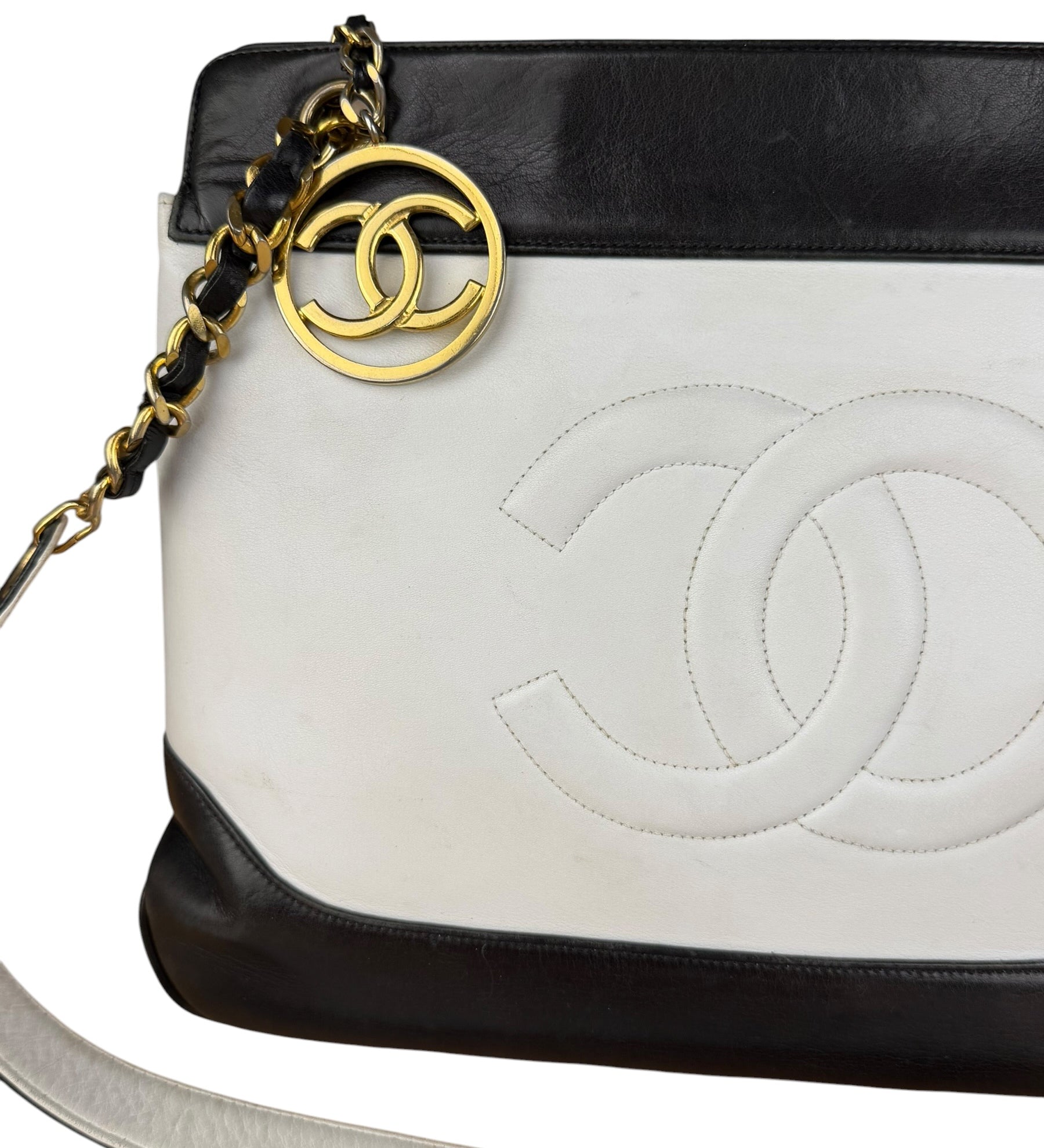 Chanel Vintage Black/White Leather CC Chain Tote '89-'91